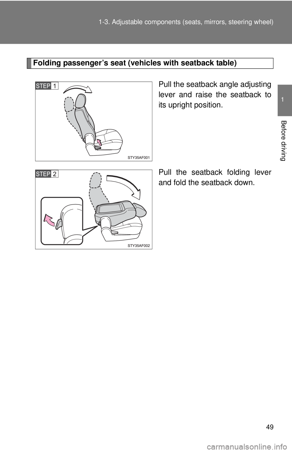 TOYOTA TACOMA 2013   (in English) Service Manual 49
1-3. Adjustable components (s
eats, mirrors, steering wheel)
1
Before driving
Folding passenger’s seat (vehicles with seatback table)
Pull the seatback angle adjusting
lever and raise the seatbac