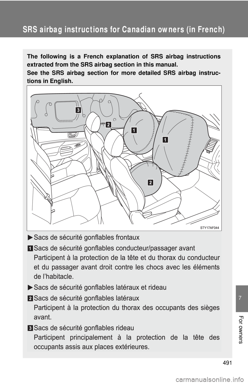 TOYOTA TACOMA 2013 Owners Manual (in English) 491
7
For owners
SRS airbag instructions for Canadian owners (in French)
The following is a French explanation of SRS airbag instructions
extracted from the SRS airbag section in this manual.
See the TOYOTA TACOMA 2013 Owners Manual (in English) 491
7
For owners
SRS airbag instructions for Canadian owners (in French)
The following is a French explanation of SRS airbag instructions
extracted from the SRS airbag section in this manual.
See the