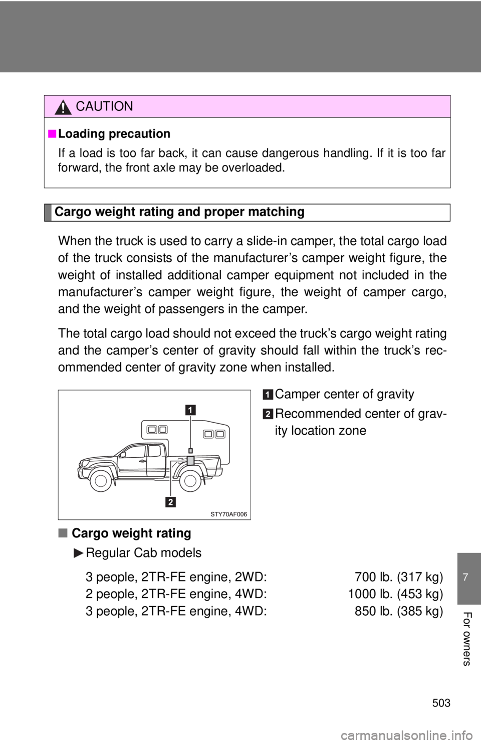 TOYOTA TACOMA 2013  Owners Manual (in English) 503
7
For owners
Cargo weight rating and proper matchingWhen the truck is used to carry a slide-in camper, the total cargo load
of the truck consists of  the manufacturer’s camper weight figure, the