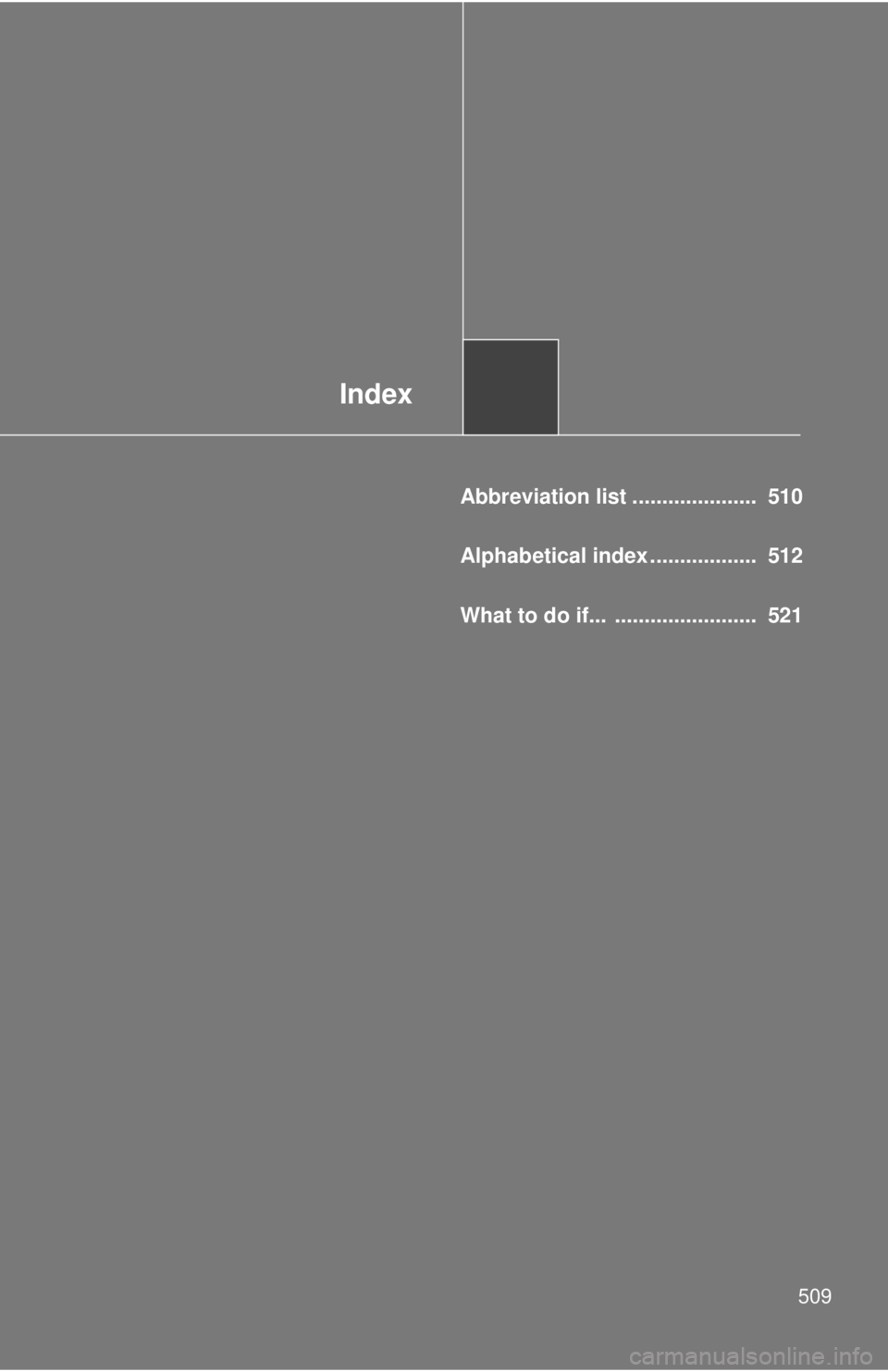 TOYOTA TACOMA 2013  Owners Manual (in English) Index
509
Abbreviation list .....................  510
Alphabetical index ..................  512
What to do if...  ........................  521 