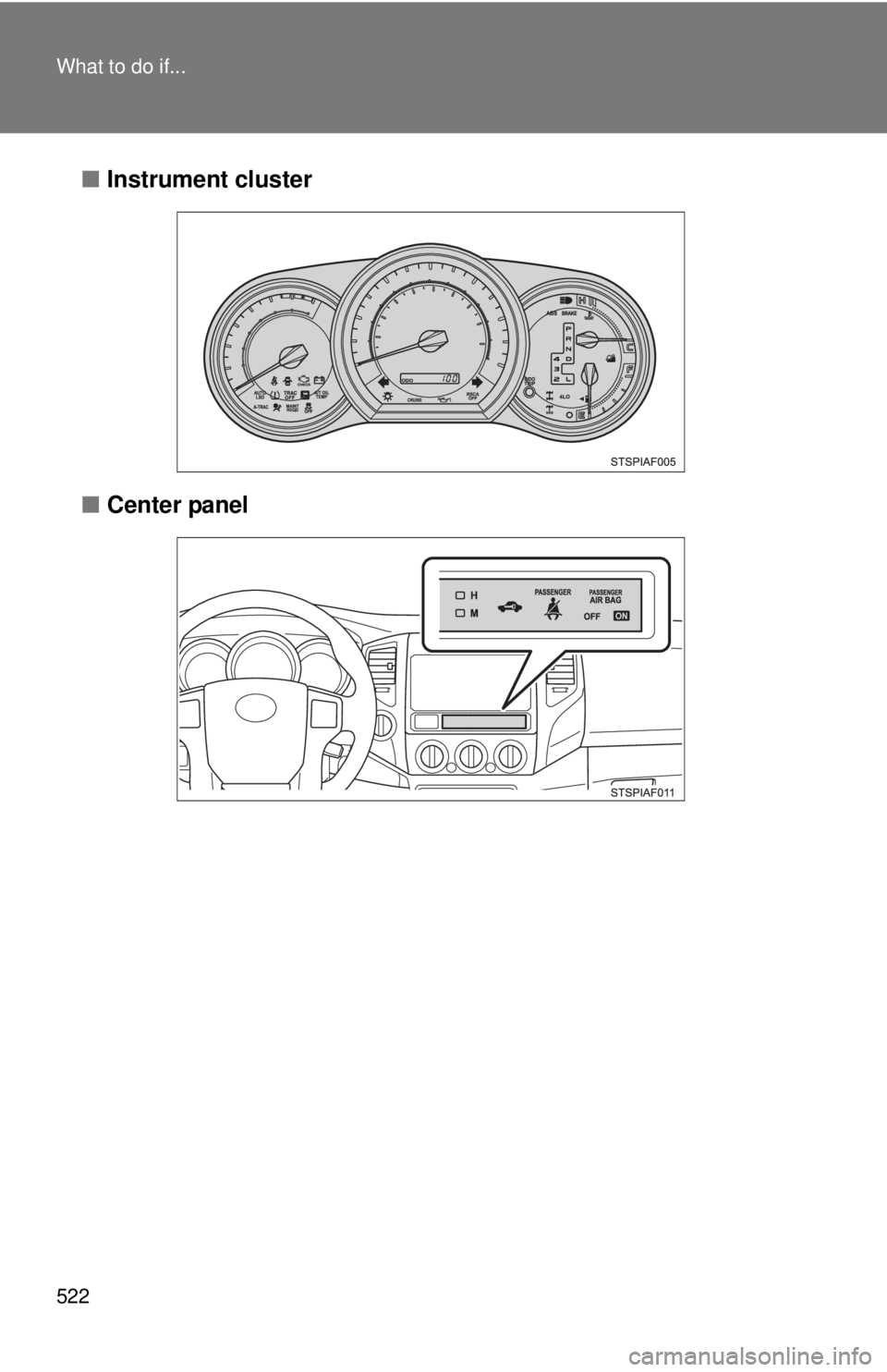 TOYOTA TACOMA 2013 Owners Manual (in English) 522 What to do if...
■Instrument cluster
■ Center panel TOYOTA TACOMA 2013 Owners Manual (in English) 522 What to do if...
■Instrument cluster
■ Center panel