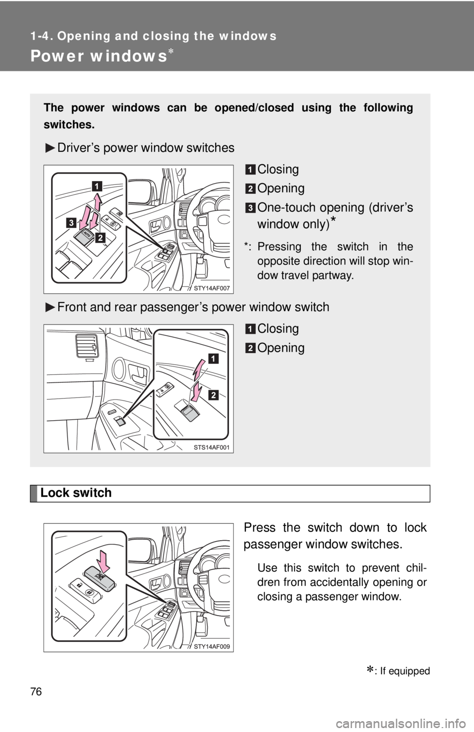 TOYOTA TACOMA 2013   (in English) Manual PDF 76
1-4. Opening and closing the windows
Power windows
Lock switchPress the switch down to lock
passenger window switches.
Use this switch to prevent chil-
dren from accidentally opening or
closing 