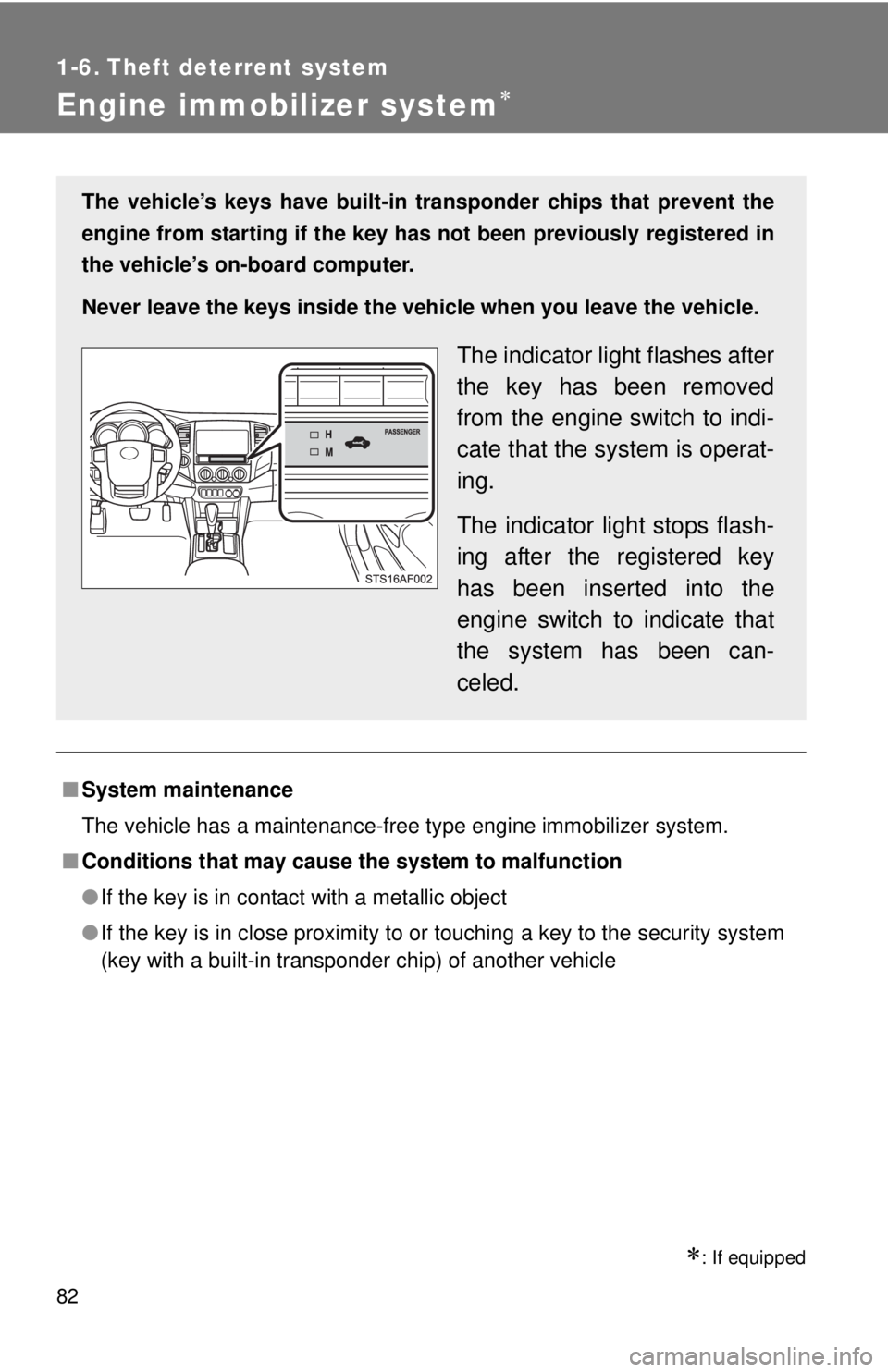 TOYOTA TACOMA 2013   (in English) Manual Online 82
1-6. Theft deterrent system
Engine immobilizer system
: If equipped
■System maintenance
The vehicle has a maintenance-free type engine immobilizer system.
■ Conditions that may cause the 