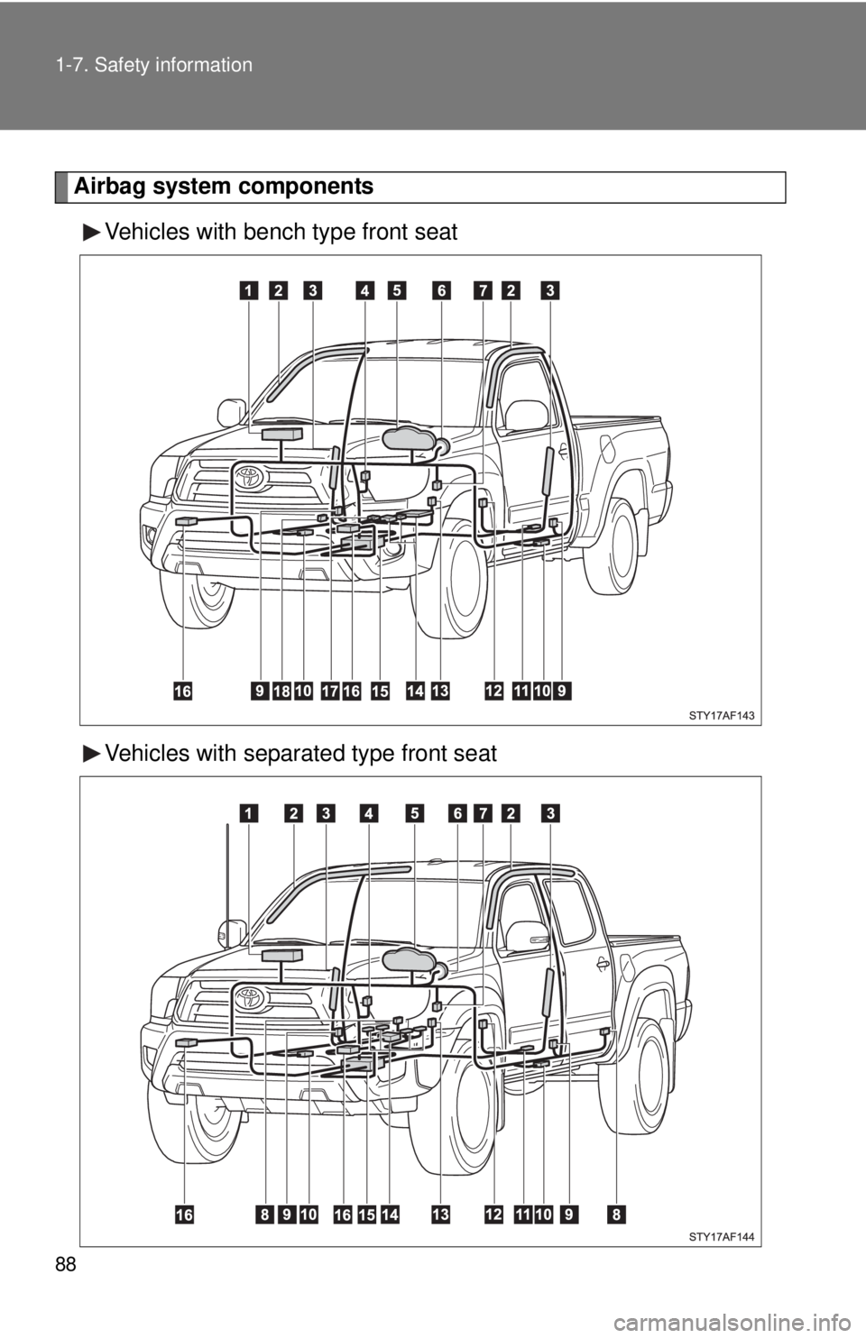 TOYOTA TACOMA 2013   (in English) Manual Online 88 1-7. Safety information
Airbag system componentsVehicles with bench type front seat
Vehicles with separated type front seat 