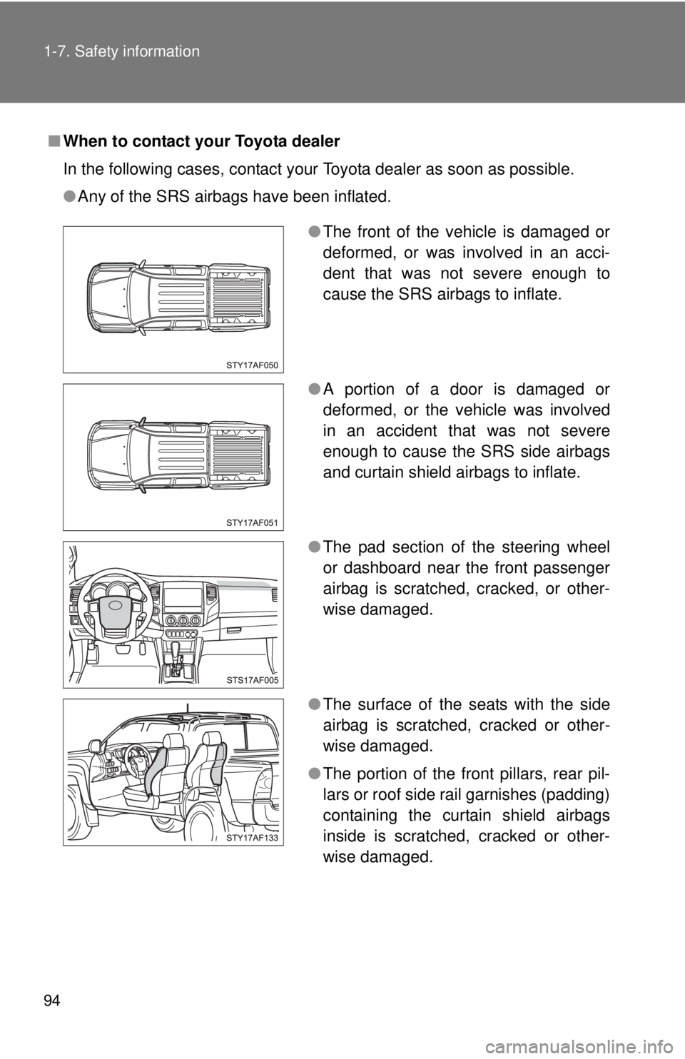 TOYOTA TACOMA 2013  Owners Manual (in English) 94 1-7. Safety information
■When to contact your Toyota dealer
In the following cases, contact your Toyota dealer as soon as possible.
●Any of the SRS airbags have been inflated.
●The front of t