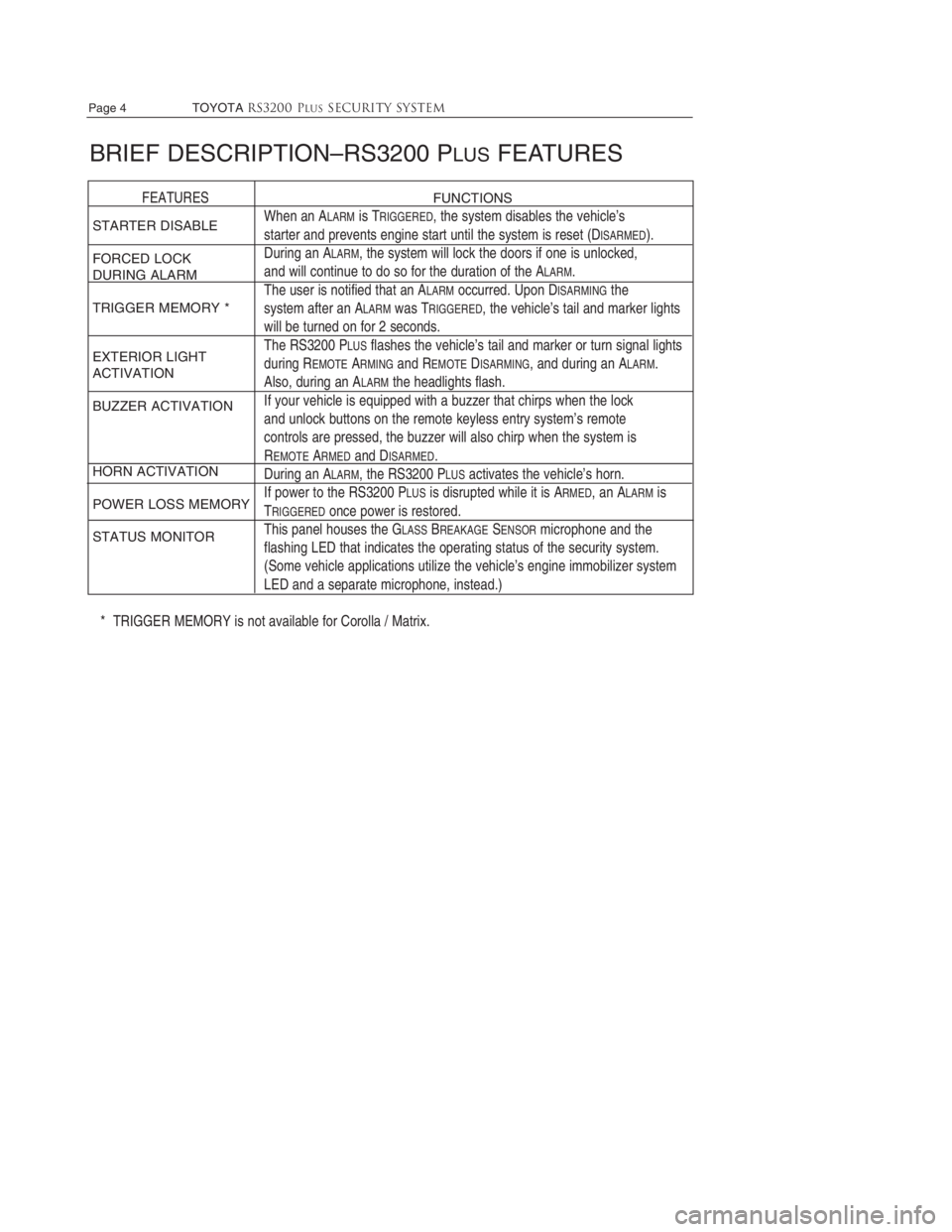 TOYOTA TACOMA 2013  Accessories, Audio & Navigation (in English) 
Page 4     TOYOTARS3200 PLUSSecurity system
STARTER DISABLE
FORCED LOCK 
DURING ALARM
TRIGGER MEMORY *
EXTERIOR LIGHT 
ACTIVATION
BUZZER ACTIVATION
HORN ACTIVATION
POWER LOSS MEMORY
STATUS MONITOR
BR