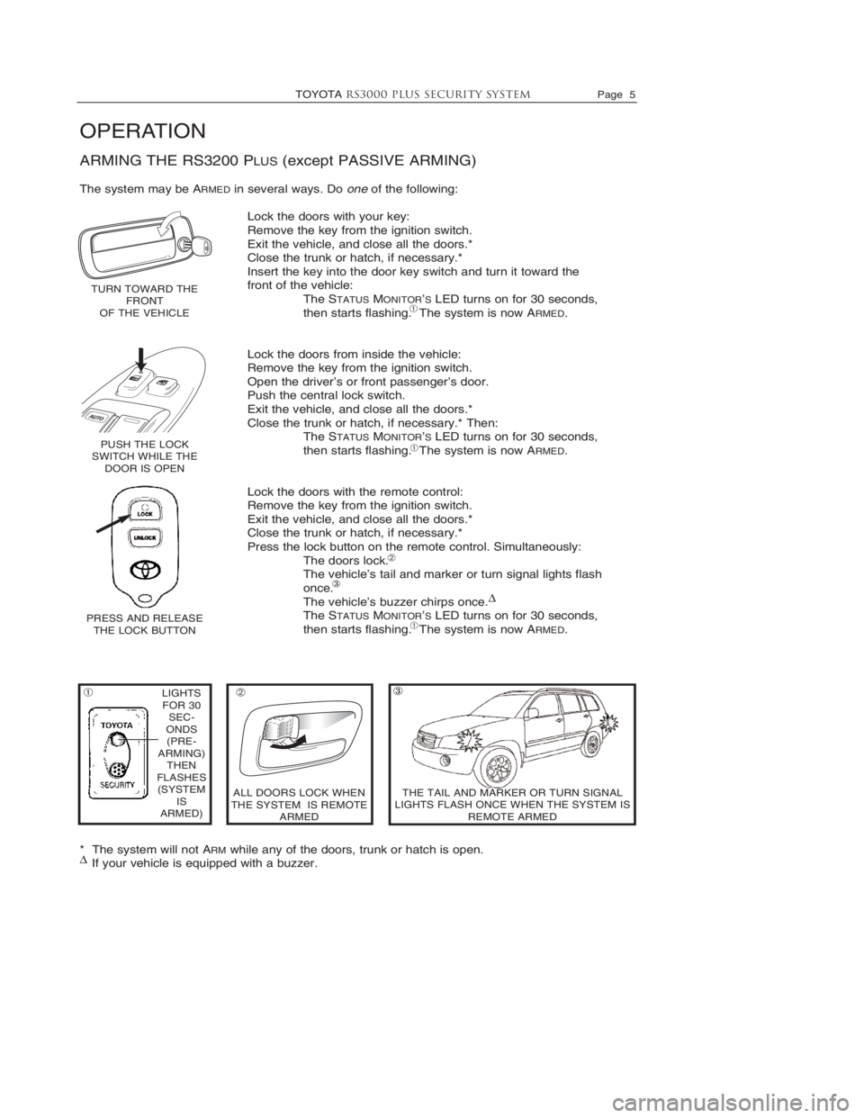 TOYOTA TACOMA 2013 Accessories, Audio & Navigation (in English)
TOYOTARS3000 PLUS Security systemPage 5
OPERATION
ARMING THE RS3200 PLUS(except PASSIVE ARMING)
The system may be ARMEDin several ways. Do oneof the following:
Lock the doors with your key:Remove t TOYOTA TACOMA 2013 Accessories, Audio & Navigation (in English)
TOYOTARS3000 PLUS Security systemPage 5
OPERATION
ARMING THE RS3200 PLUS(except PASSIVE ARMING)
The system may be ARMEDin several ways. Do oneof the following:
Lock the doors with your key:Remove t