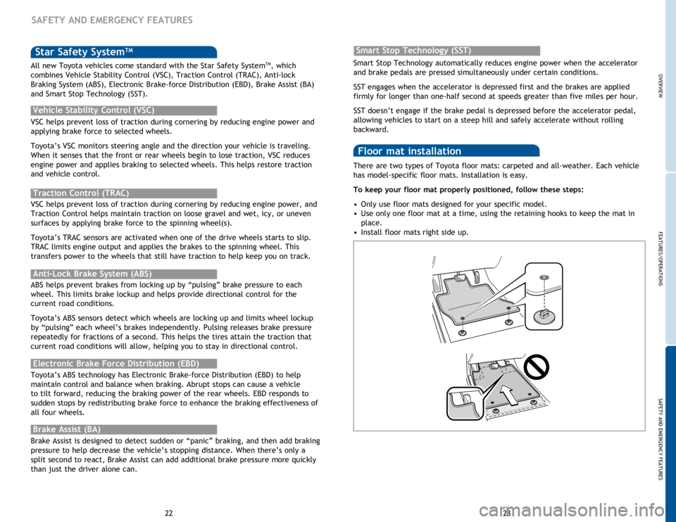 TOYOTA TACOMA 2014  Owners Manual (in English) OVERVIEW
FEATURES/OPERATIONS
SAFETY AND EMERGENCY FEATURES
23
22 There are two types of Toyota floor mats: carpeted and all-weather. Each vehicle 
has model-specific floor mats. Installation is easy. 