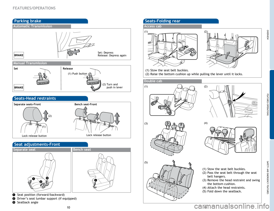 TOYOTA TACOMA 2014  Owners Manual (in English) OVERVIEW
FEATURES/OPERATIONS
SAFETY AND EMERGENCY FEATURES
11
10
FEATURES/OPERATIONS
Parking brake
Manual Transmission
Set Release
(2) Turn and 
push in lever
Automatic Transmission
Set: Depress
Relea