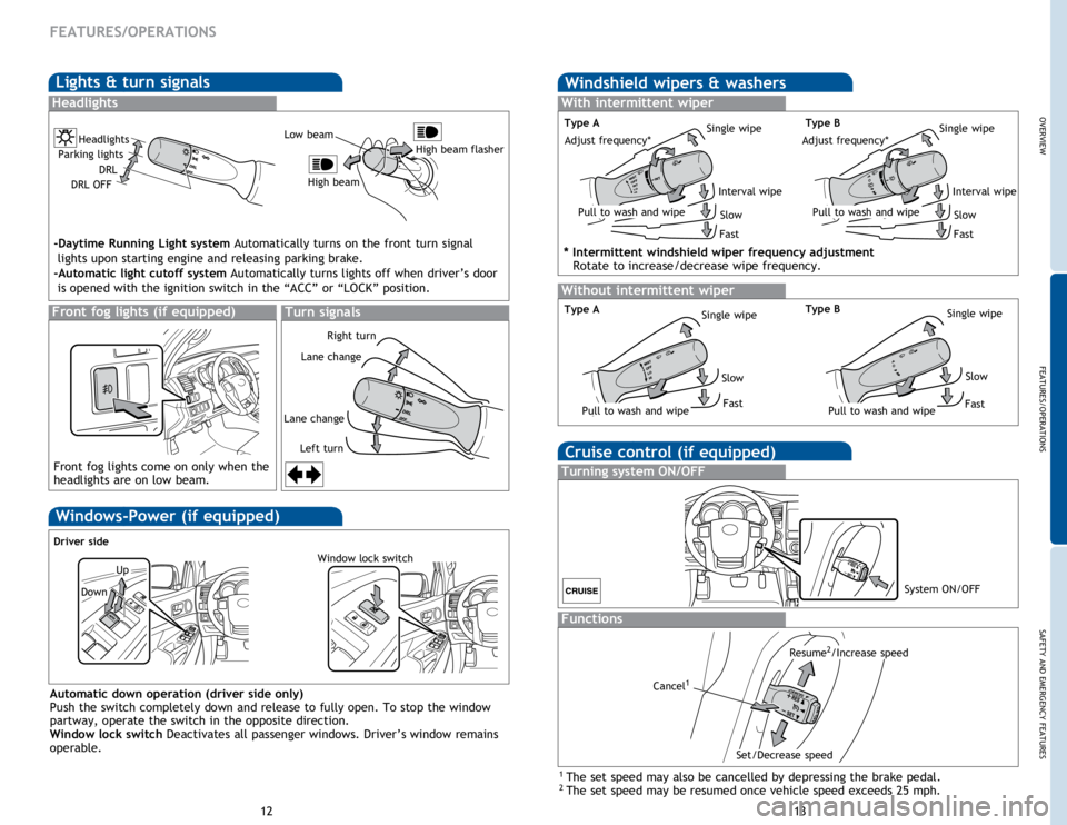 TOYOTA TACOMA 2014  Owners Manual (in English) OVERVIEW
FEATURES/OPERATIONS
SAFETY AND EMERGENCY FEATURES
1213
FEATURES/OPERATIONS
Cruise control (if equipped)
1  The set speed may also be cancelled by depressing the brake pedal.2 The set speed ma