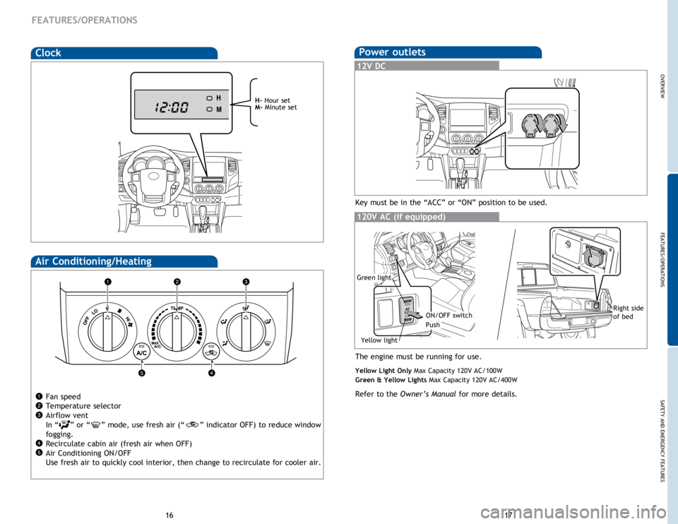 TOYOTA TACOMA 2014  Owners Manual (in English) OVERVIEW
FEATURES/OPERATIONS
SAFETY AND EMERGENCY FEATURES
1617
FEATURES/OPERATIONS
Air Conditioning/Heating 
Fan speed
Temperature selector
Airflow vent
In “
” or “” mode, use fresh air (“�