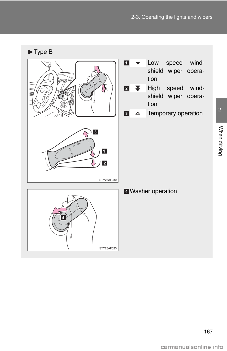 TOYOTA TACOMA 2014  Owners Manual (in English) 167
2-3. Operating the lights and wipers
2
When driving
Ty p e  B
Low speed wind-
shield wiper opera-
tion
High speed wind-
shield wiper opera-
tion
Temporary operation
Washer operation 