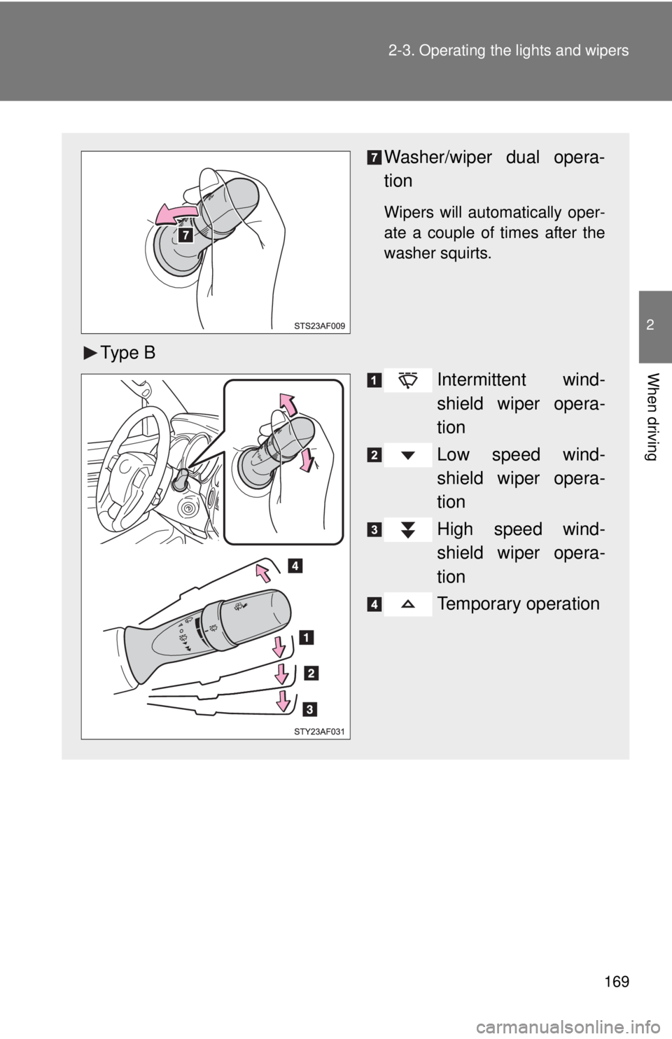 TOYOTA TACOMA 2014  Owners Manual (in English) 169
2-3. Operating the lights and wipers
2
When driving
Washer/wiper dual opera-
tion
Wipers will automatically oper-
ate a couple of times after the
washer squirts. 
Ty p e  B
Intermittent wind-
shie