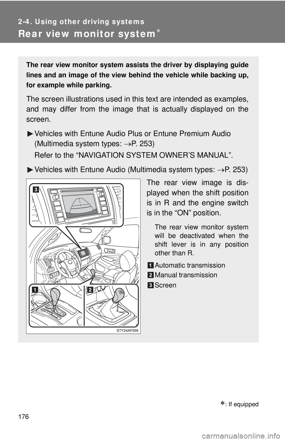 TOYOTA TACOMA 2014  Owners Manual (in English) 176
2-4. Using other driving systems
Rear view monitor system
: If equipped
The rear view monitor system assists the driver by displaying guide
lines and an image of the view behind the vehicle 