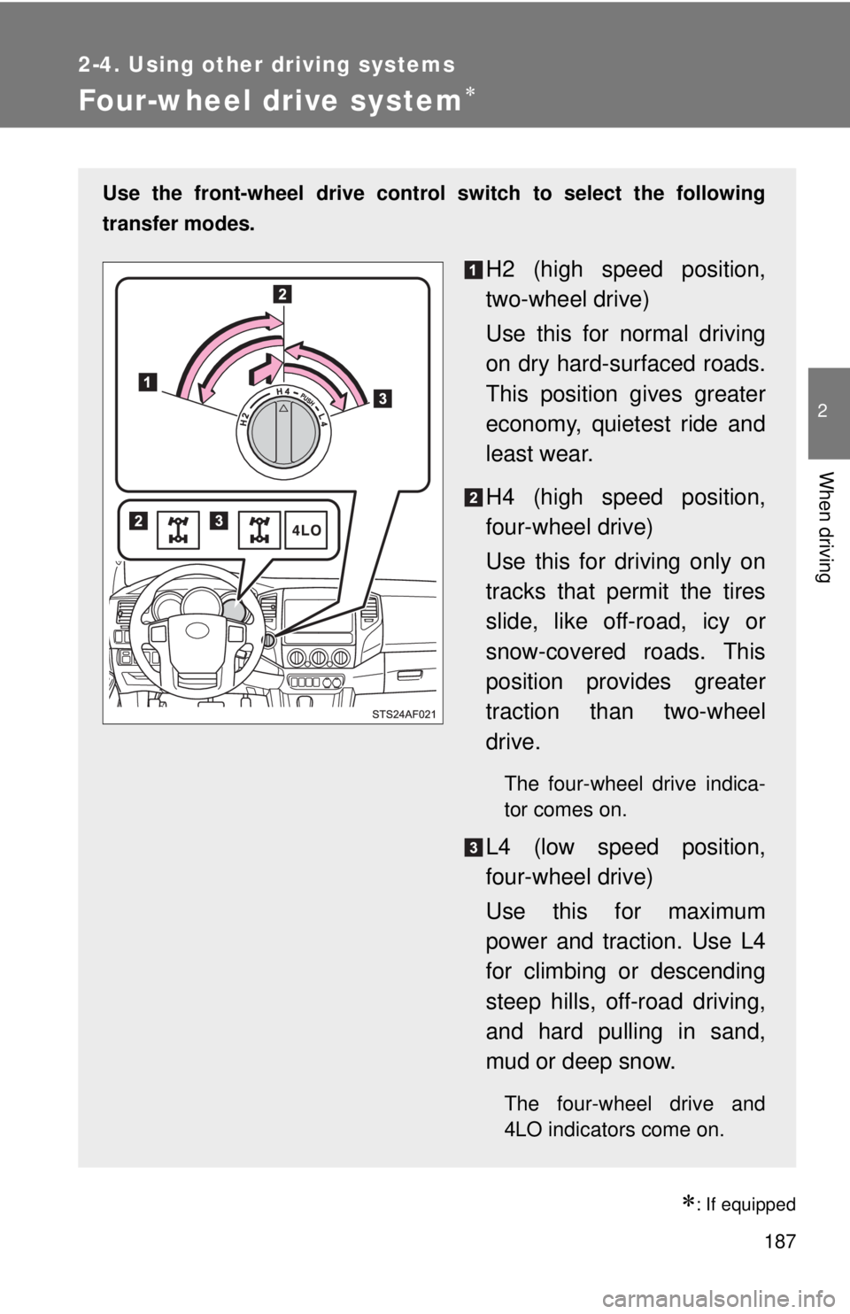 TOYOTA TACOMA 2014 Owners Manual (in English) 187
2-4. Using other driving systems
2
When driving
Four-wheel drive system
: If equipped
Use the front-wheel drive control switch to select the following
transfer modes.
H2 (high speed position TOYOTA TACOMA 2014 Owners Manual (in English) 187
2-4. Using other driving systems
2
When driving
Four-wheel drive system
: If equipped
Use the front-wheel drive control switch to select the following
transfer modes.
H2 (high speed position