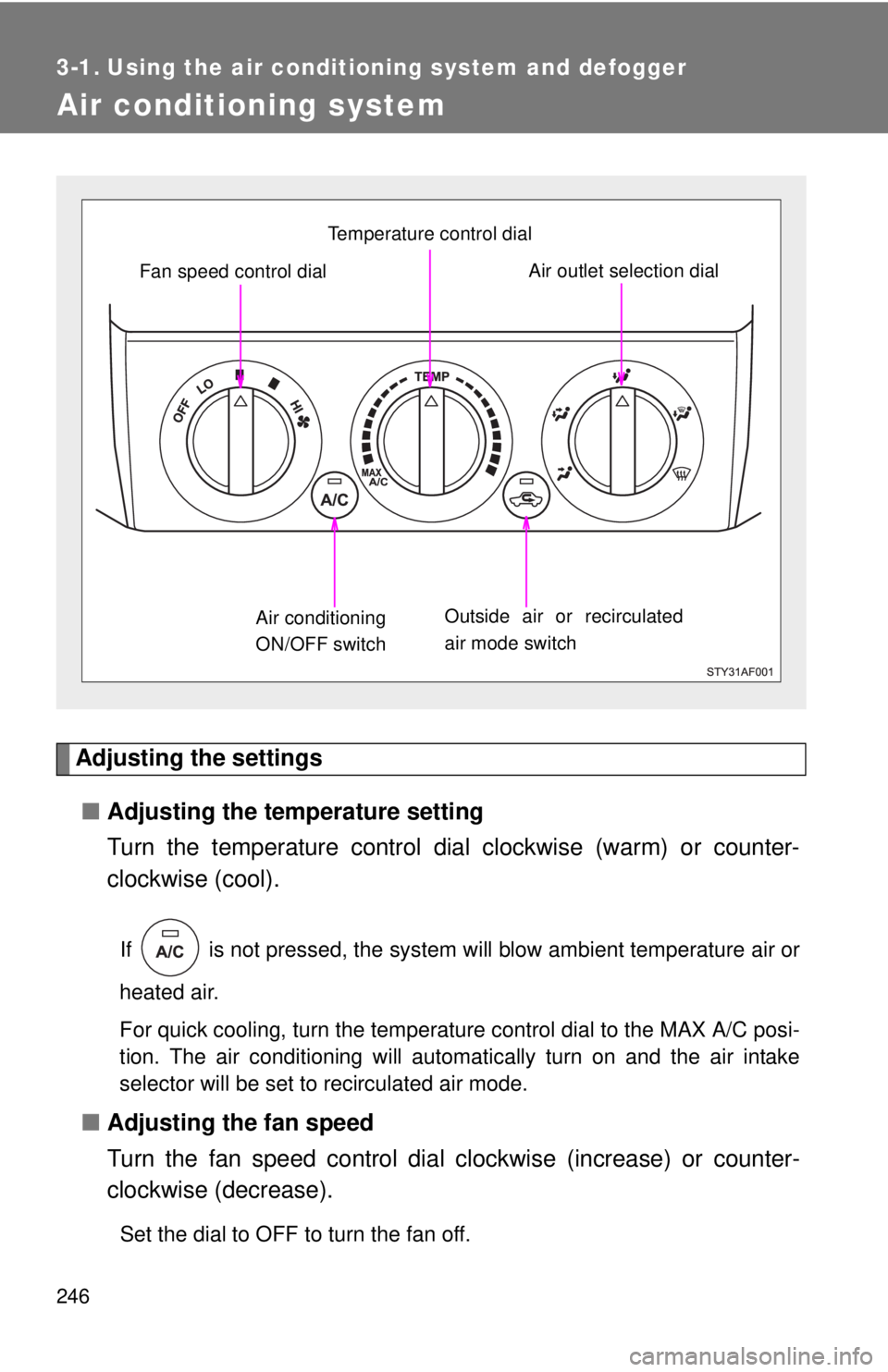 TOYOTA TACOMA 2014  Owners Manual (in English) 246
3-1. Using the air conditioning system and defogger
Air conditioning system
Adjusting the settings■ Adjusting the temperature setting
Turn the temperature control dial  clockwise (warm) or count