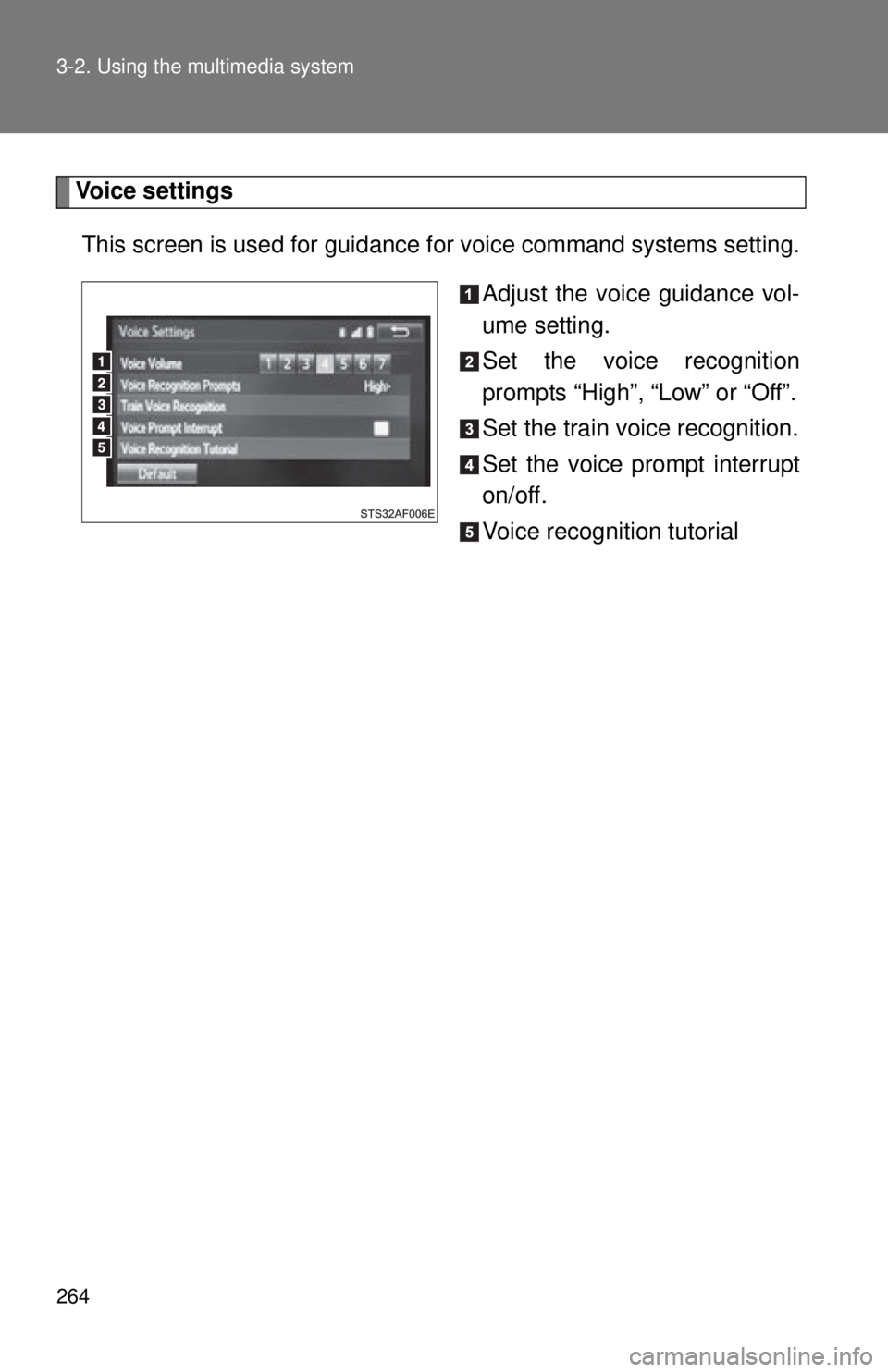 TOYOTA TACOMA 2014  Owners Manual (in English) 264 3-2. Using the multimedia system
Voice settingsThis screen is used for guidance for voice command systems setting. Adjust the voice guidance vol-
ume setting.
Set the voice recognition
prompts “