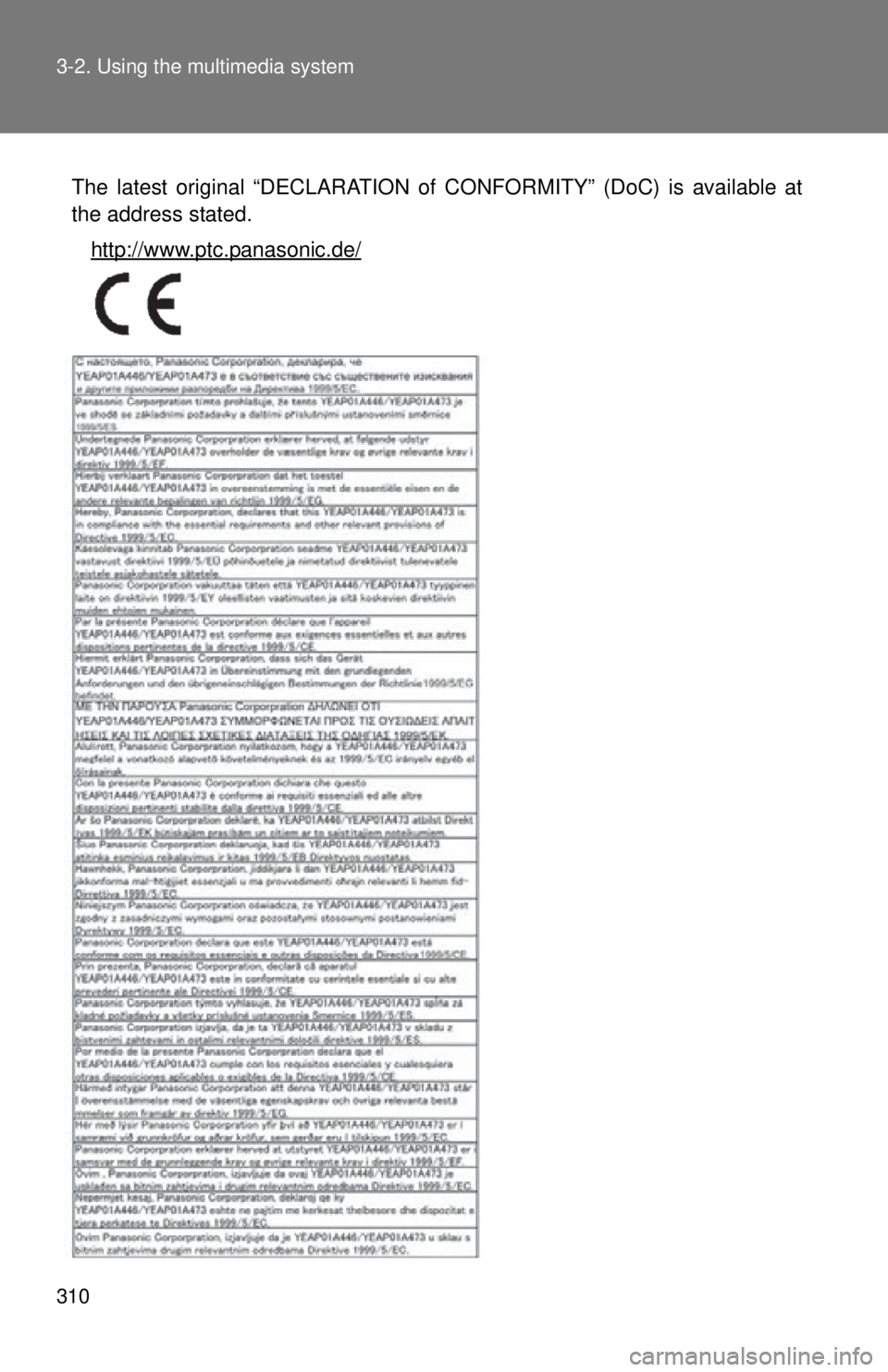 TOYOTA TACOMA 2014 Owners Manual (in English) 310 3-2. Using the multimedia system
The latest original “DECLARATION of CONFORMITY” (DoC) is available at
the address stated.
http://www.ptc.panasonic.de/ TOYOTA TACOMA 2014 Owners Manual (in English) 310 3-2. Using the multimedia system
The latest original “DECLARATION of CONFORMITY” (DoC) is available at
the address stated.
http://www.ptc.panasonic.de/