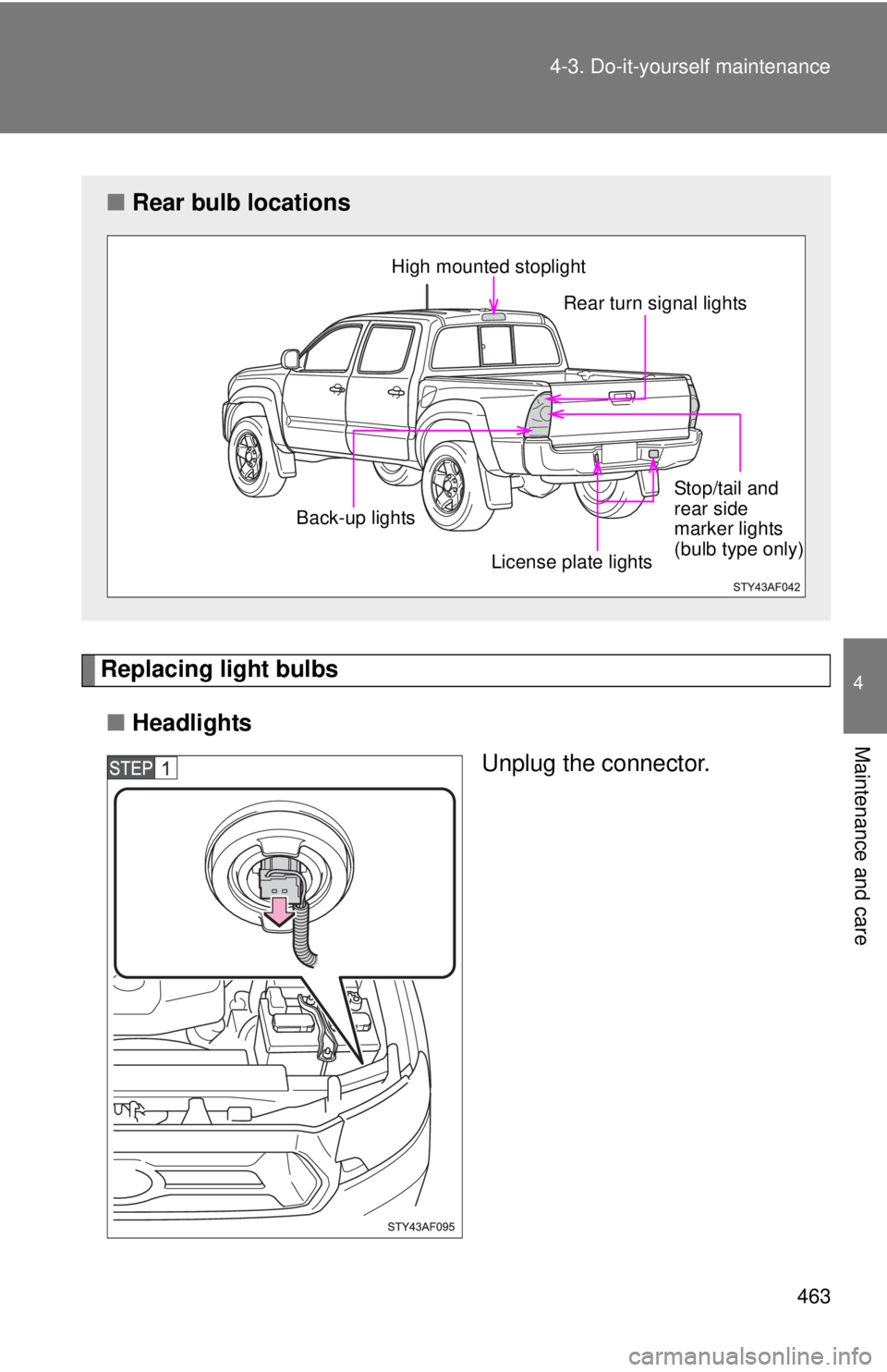 TOYOTA TACOMA 2014  Owners Manual (in English) 463
4-3. Do-it-yourself maintenance
4
Maintenance and care
Replacing light bulbs
■ Headlights
Unplug the connector.
■Rear bulb locations
High mounted stoplight 
Rear turn signal lights
License pla