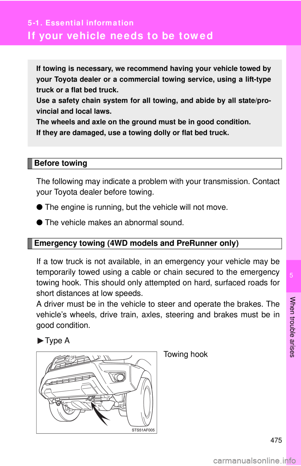 TOYOTA TACOMA 2014 Owners Manual (in English) 5
When trouble arises
475
5-1. Essential information
If your vehicle needs to be towed
Before towingThe following may indicate a problem with your transmission. Contact
your Toyota dealer before towin TOYOTA TACOMA 2014 Owners Manual (in English) 5
When trouble arises
475
5-1. Essential information
If your vehicle needs to be towed
Before towingThe following may indicate a problem with your transmission. Contact
your Toyota dealer before towin