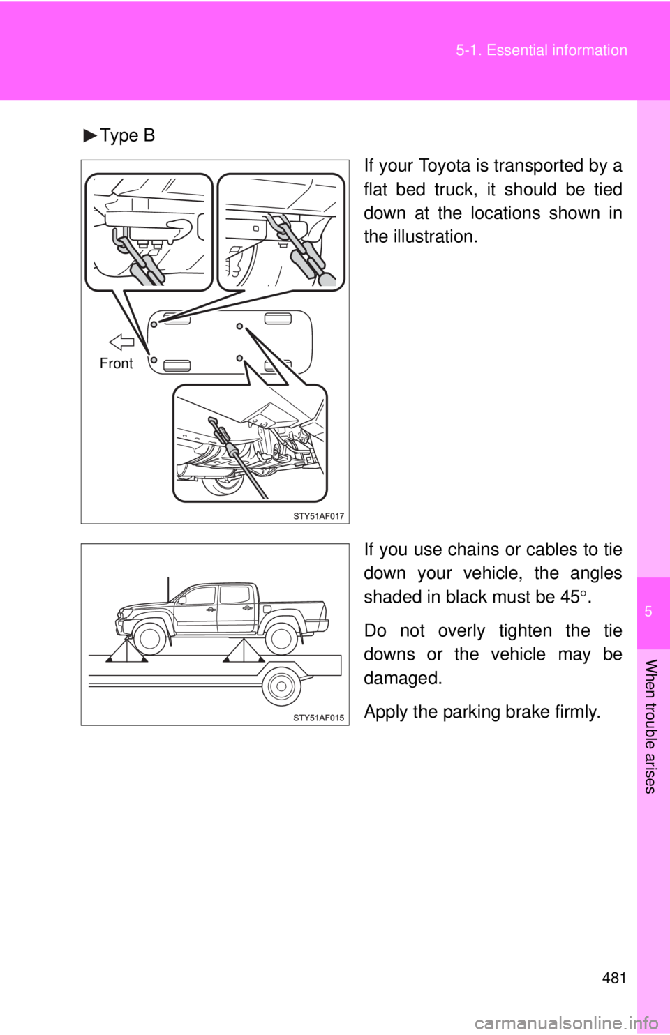 TOYOTA TACOMA 2014 Owners Manual (in English) 5
When trouble arises
481
5-1. Essential information
Type B
If your Toyota is transported by a
flat bed truck, it should be tied
down at the locations shown in
the illustration.
If you use chains or c TOYOTA TACOMA 2014 Owners Manual (in English) 5
When trouble arises
481
5-1. Essential information
Type B
If your Toyota is transported by a
flat bed truck, it should be tied
down at the locations shown in
the illustration.
If you use chains or c