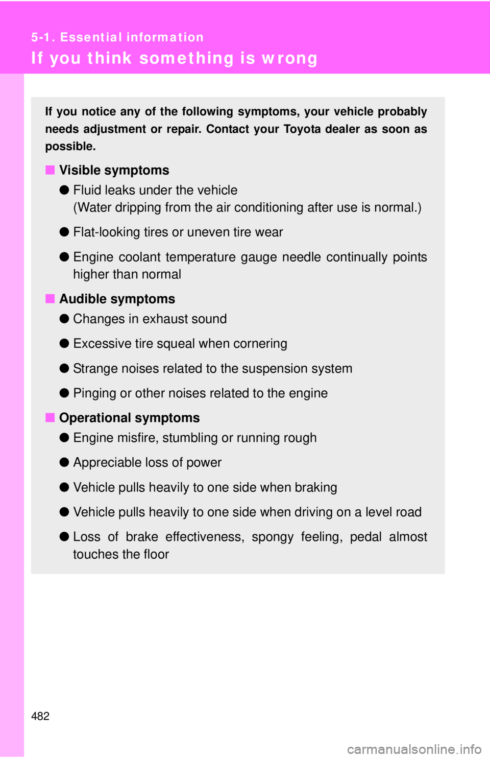 TOYOTA TACOMA 2014 Owners Manual (in English) 482
5-1. Essential information
If you think something is wrong
If you notice any of the following symptoms, your vehicle probably
needs adjustment or repair. Contact your Toyota dealer as soon as
poss TOYOTA TACOMA 2014 Owners Manual (in English) 482
5-1. Essential information
If you think something is wrong
If you notice any of the following symptoms, your vehicle probably
needs adjustment or repair. Contact your Toyota dealer as soon as
poss