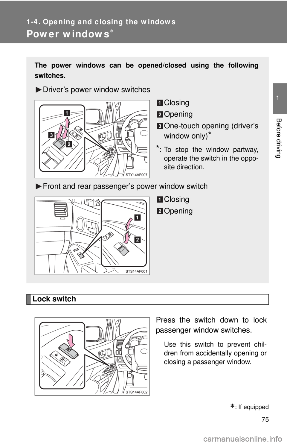TOYOTA TACOMA 2014   (in English) Manual PDF 75
1
Before driving
1-4. Opening and closing the windows
Power windows
Lock switchPress the switch down to lock
passenger window switches.
Use this switch to prevent chil-
dren from accidentally op