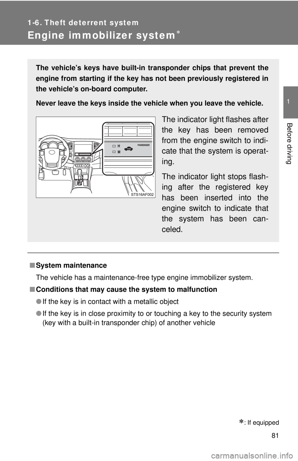 TOYOTA TACOMA 2014 (in English) Manual Online 81
1
Before driving
1-6. Theft deterrent system
Engine immobilizer system
: If equipped
■System maintenance
The vehicle has a maintenance-free type engine immobilizer system.
■ Conditions th TOYOTA TACOMA 2014 (in English) Manual Online 81
1
Before driving
1-6. Theft deterrent system
Engine immobilizer system
: If equipped
■System maintenance
The vehicle has a maintenance-free type engine immobilizer system.
■ Conditions th