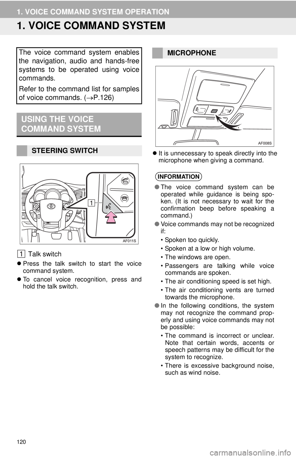 TOYOTA TACOMA 2014 Accessories, Audio & Navigation (in English) 120
1. VOICE COMMAND SYSTEM OPERATION
1. VOICE COMMAND SYSTEM
Talk switch
Press the talk switch to start the voice
command system.
To cancel voice recognition, press and
hold the talk switch. TOYOTA TACOMA 2014 Accessories, Audio & Navigation (in English) 120
1. VOICE COMMAND SYSTEM OPERATION
1. VOICE COMMAND SYSTEM
Talk switch
Press the talk switch to start the voice
command system.
To cancel voice recognition, press and
hold the talk switch.