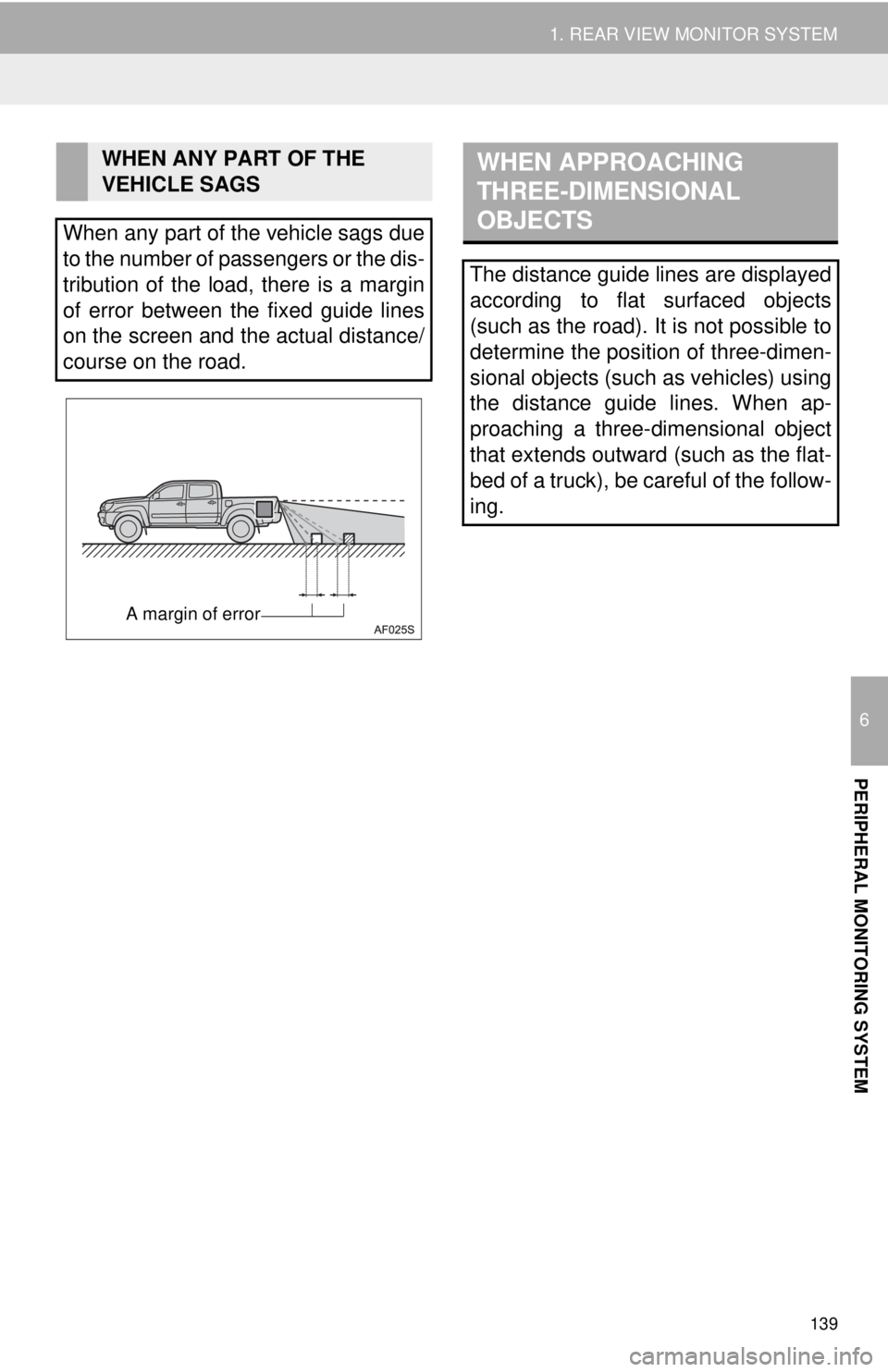 TOYOTA TACOMA 2014 Accessories, Audio & Navigation (in English) 139
1. REAR VIEW MONITOR SYSTEM
6
PERIPHERAL MONITORING SYSTEM
WHEN ANY PART OF THE
VEHICLE SAGS
When any part of the vehicle sags due
to the number of passengers or the dis-
tribution of the load, t TOYOTA TACOMA 2014 Accessories, Audio & Navigation (in English) 139
1. REAR VIEW MONITOR SYSTEM
6
PERIPHERAL MONITORING SYSTEM
WHEN ANY PART OF THE
VEHICLE SAGS
When any part of the vehicle sags due
to the number of passengers or the dis-
tribution of the load, t