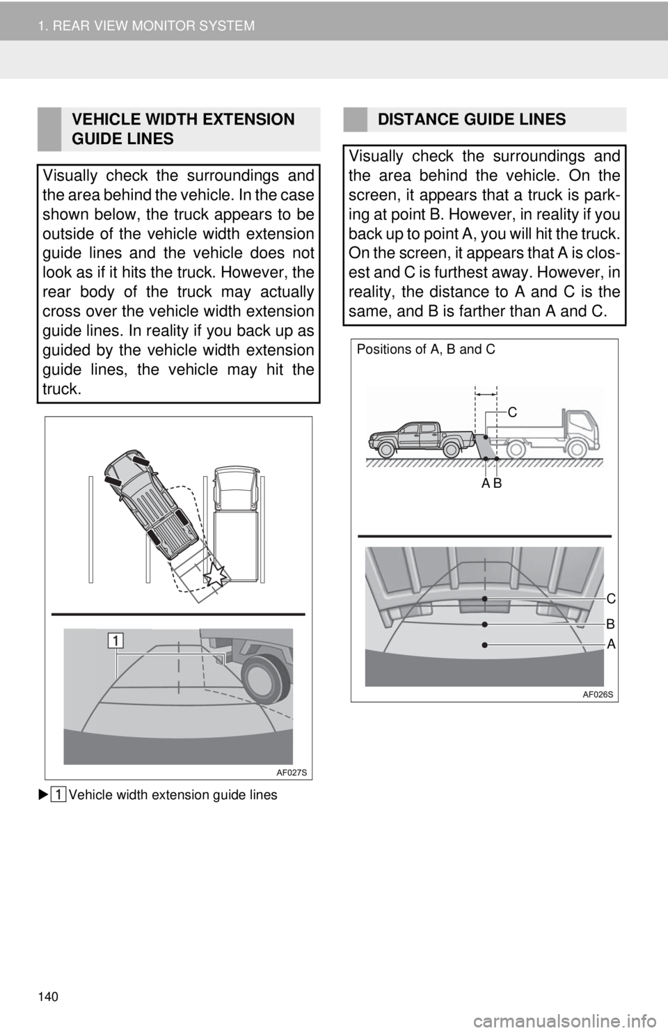 TOYOTA TACOMA 2014 Accessories, Audio & Navigation (in English) 140
1. REAR VIEW MONITOR SYSTEM
Vehicle width extension guide lines
VEHICLE WIDTH EXTENSION
GUIDE LINES
Visually check the surroundings and
the area behind the vehicle. In the case
shown below, th TOYOTA TACOMA 2014 Accessories, Audio & Navigation (in English) 140
1. REAR VIEW MONITOR SYSTEM
Vehicle width extension guide lines
VEHICLE WIDTH EXTENSION
GUIDE LINES
Visually check the surroundings and
the area behind the vehicle. In the case
shown below, th