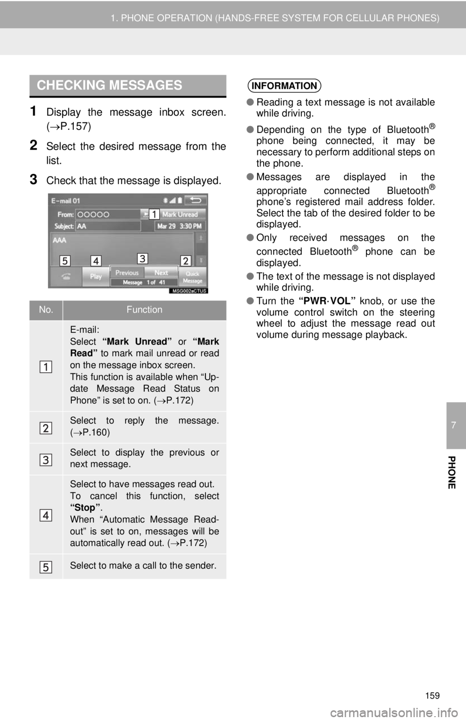 TOYOTA TACOMA 2014 Accessories, Audio & Navigation (in English) 7
PHONE
159
1. PHONE OPERATION (HANDS-FREE SYSTEM FOR CELLULAR PHONES)
1Display the message inbox screen.
(P.157)
2Select the desired message from the
list.
3Check that the message is displayed.
CH TOYOTA TACOMA 2014 Accessories, Audio & Navigation (in English) 7
PHONE
159
1. PHONE OPERATION (HANDS-FREE SYSTEM FOR CELLULAR PHONES)
1Display the message inbox screen.
(P.157)
2Select the desired message from the
list.
3Check that the message is displayed.
CH