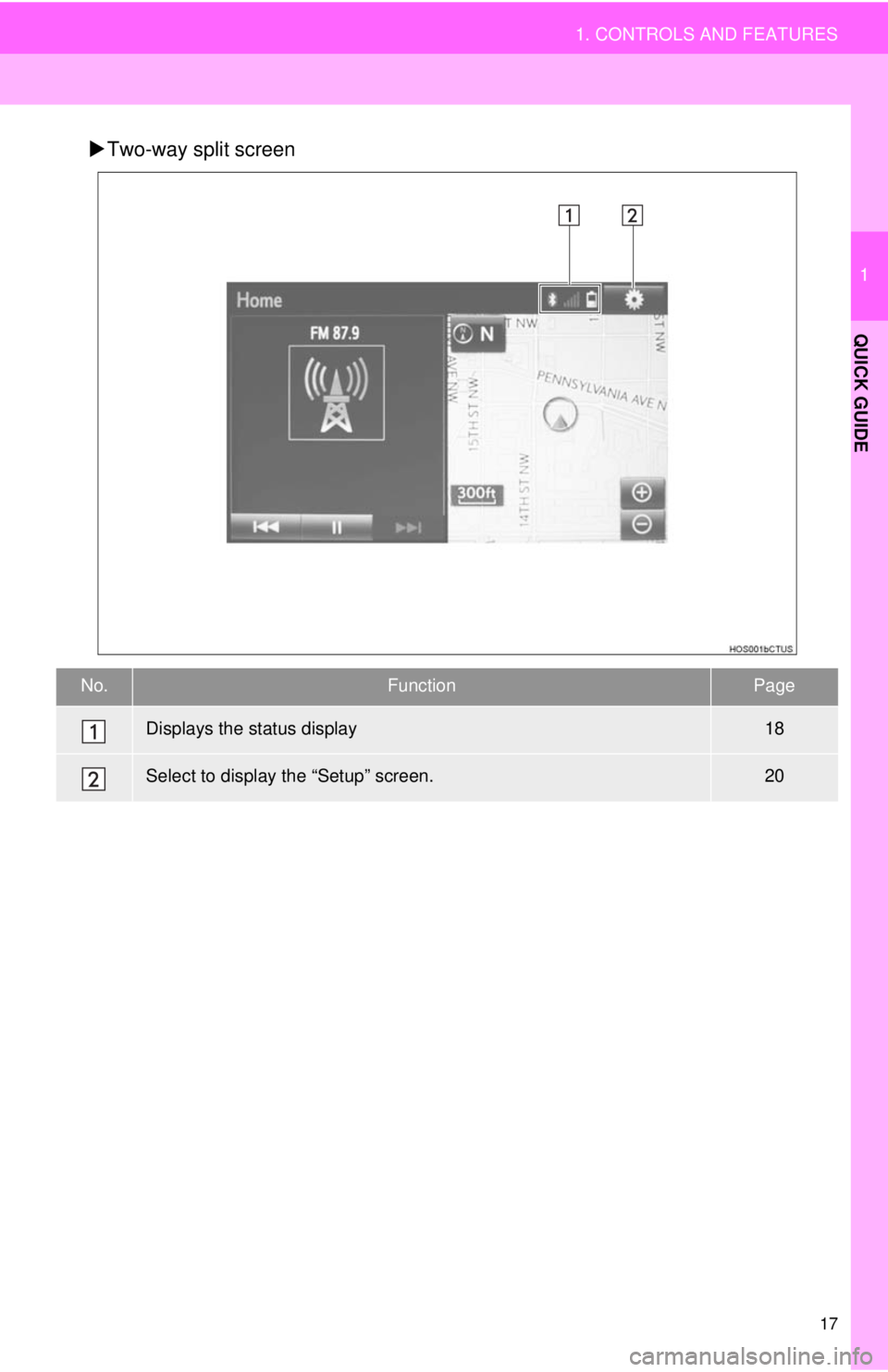 TOYOTA TACOMA 2014  Accessories, Audio & Navigation (in English) 17
1. CONTROLS AND FEATURES
1
QUICK GUIDE
Two-way split screen
No.FunctionPage
Displays the status display18
Select to display the “Setup” screen.20 