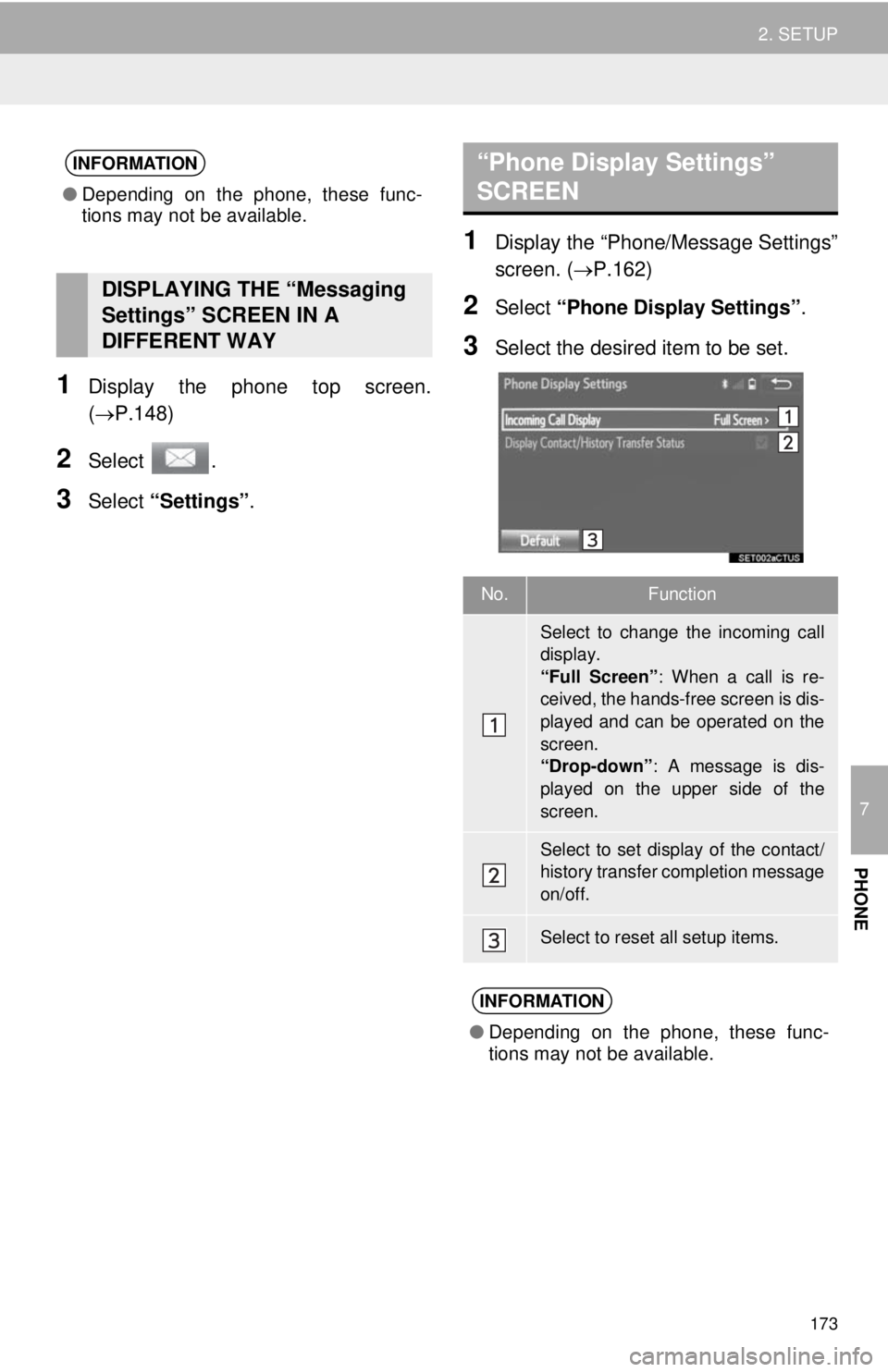 TOYOTA TACOMA 2014 Accessories, Audio & Navigation (in English) 173
2. SETUP
7
PHONE
1Display the phone top screen.
(P.148)
2Select .
3Select “Settings”.
1Display the “Phone/Message Settings”
screen. (P.162)
2Select “Phone Display Settings”.
3Sel TOYOTA TACOMA 2014 Accessories, Audio & Navigation (in English) 173
2. SETUP
7
PHONE
1Display the phone top screen.
(P.148)
2Select .
3Select “Settings”.
1Display the “Phone/Message Settings”
screen. (P.162)
2Select “Phone Display Settings”.
3Sel