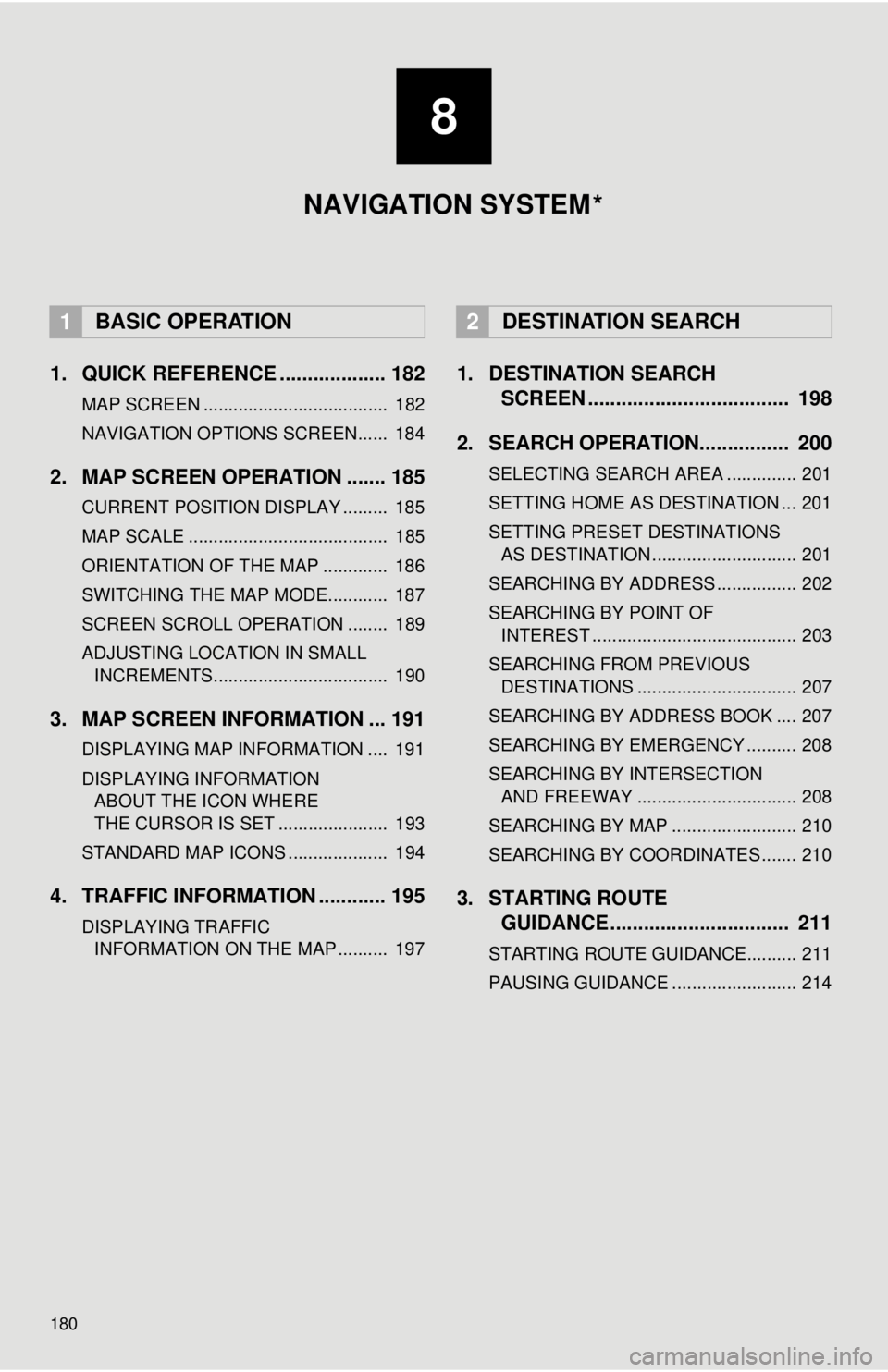 TOYOTA TACOMA 2014 Accessories, Audio & Navigation (in English) 180
1. QUICK REFERENCE ................... 182
MAP SCREEN ..................................... 182
NAVIGATION OPTIONS SCREEN...... 184
2. MAP SCREEN OPERATION ....... 185
CURRENT POSITION DISPLAY . TOYOTA TACOMA 2014 Accessories, Audio & Navigation (in English) 180
1. QUICK REFERENCE ................... 182
MAP SCREEN ..................................... 182
NAVIGATION OPTIONS SCREEN...... 184
2. MAP SCREEN OPERATION ....... 185
CURRENT POSITION DISPLAY .