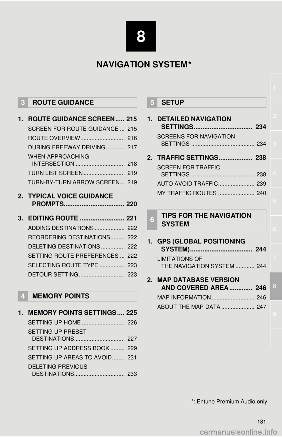 TOYOTA TACOMA 2014 Accessories, Audio & Navigation (in English) 8
181
1
2
8
4
5
6
7
3
9
1. ROUTE GUIDANCE SCREEN ..... 215
SCREEN FOR ROUTE GUIDANCE ... 215
ROUTE OVERVIEW............................ 216
DURING FREEWAY DRIVING............ 217
WHEN APPROACHING I TOYOTA TACOMA 2014 Accessories, Audio & Navigation (in English) 8
181
1
2
8
4
5
6
7
3
9
1. ROUTE GUIDANCE SCREEN ..... 215
SCREEN FOR ROUTE GUIDANCE ... 215
ROUTE OVERVIEW............................ 216
DURING FREEWAY DRIVING............ 217
WHEN APPROACHING I
