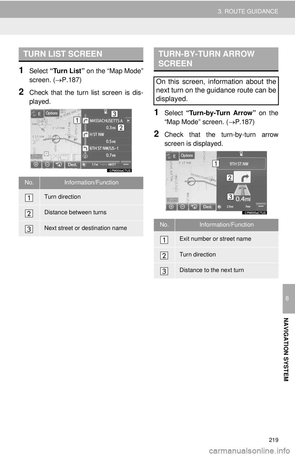 TOYOTA TACOMA 2014 Accessories, Audio & Navigation (in English) 219
3. ROUTE GUIDANCE
8
NAVIGATION SYSTEM
1Select “Turn List” on the “Map Mode”
screen. (P.187)
2Check that the turn list screen is dis-
played.
1Select “Turn-by-Turn Arrow” on the
“M TOYOTA TACOMA 2014 Accessories, Audio & Navigation (in English) 219
3. ROUTE GUIDANCE
8
NAVIGATION SYSTEM
1Select “Turn List” on the “Map Mode”
screen. (P.187)
2Check that the turn list screen is dis-
played.
1Select “Turn-by-Turn Arrow” on the
“M