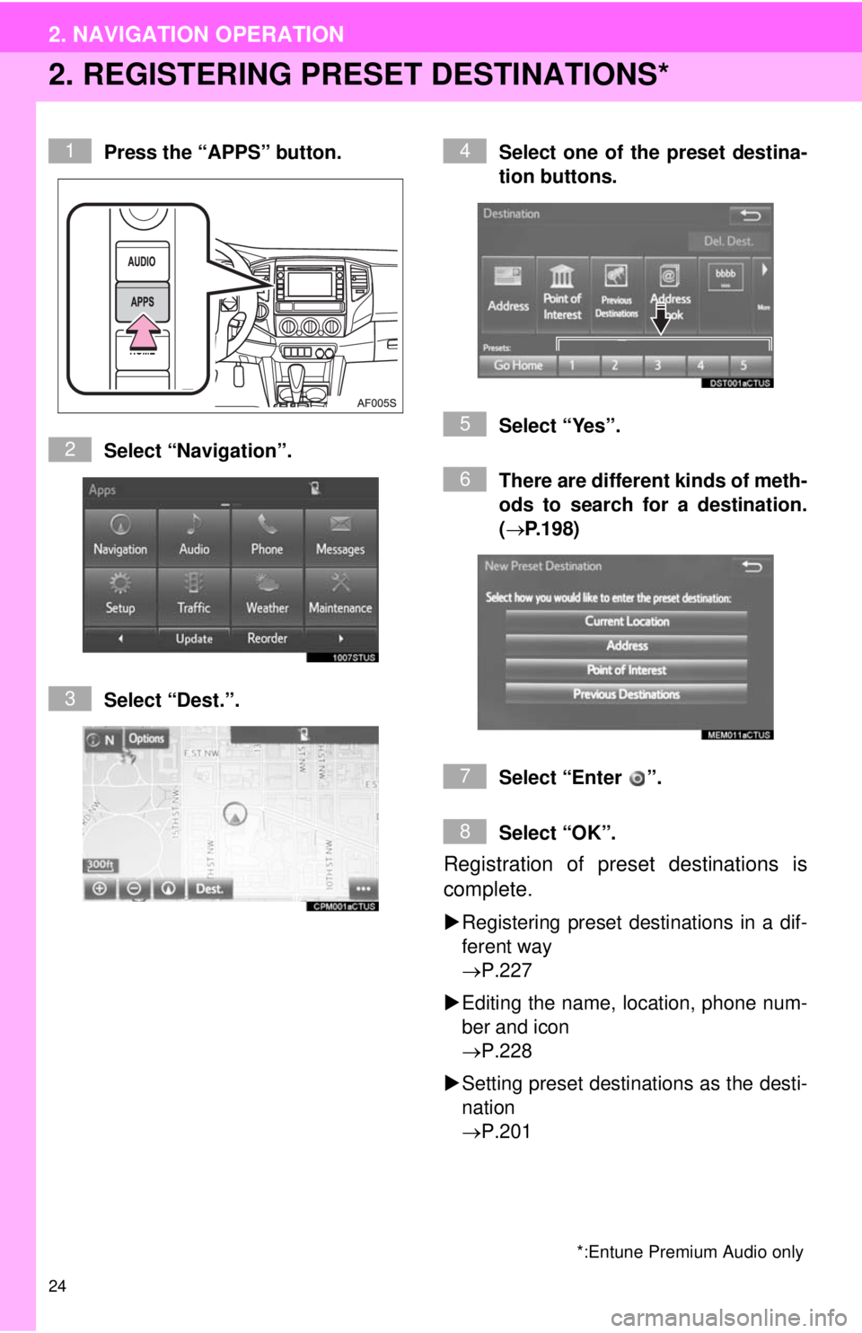 TOYOTA TACOMA 2014  Accessories, Audio & Navigation (in English) 24
2. NAVIGATION OPERATION
2. REGISTERING PRESET DESTINATIONS*
Press the “APPS” button.
Select “Navigation”.
Select “Dest.”.Select one of the preset destina-
tion buttons.
Select “Yes”