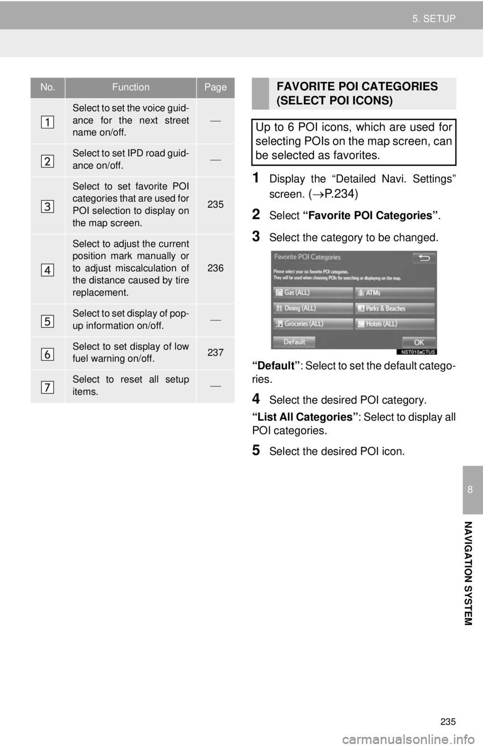 TOYOTA TACOMA 2014 Accessories, Audio & Navigation (in English) 235
5. SETUP
8
NAVIGATION SYSTEM
1Display the “Detailed Navi. Settings”
screen.
(P.234)
2Select “Favorite POI Categories”.
3Select the category to be changed.
“Default”: Select to set TOYOTA TACOMA 2014 Accessories, Audio & Navigation (in English) 235
5. SETUP
8
NAVIGATION SYSTEM
1Display the “Detailed Navi. Settings”
screen.
(P.234)
2Select “Favorite POI Categories”.
3Select the category to be changed.
“Default”: Select to set