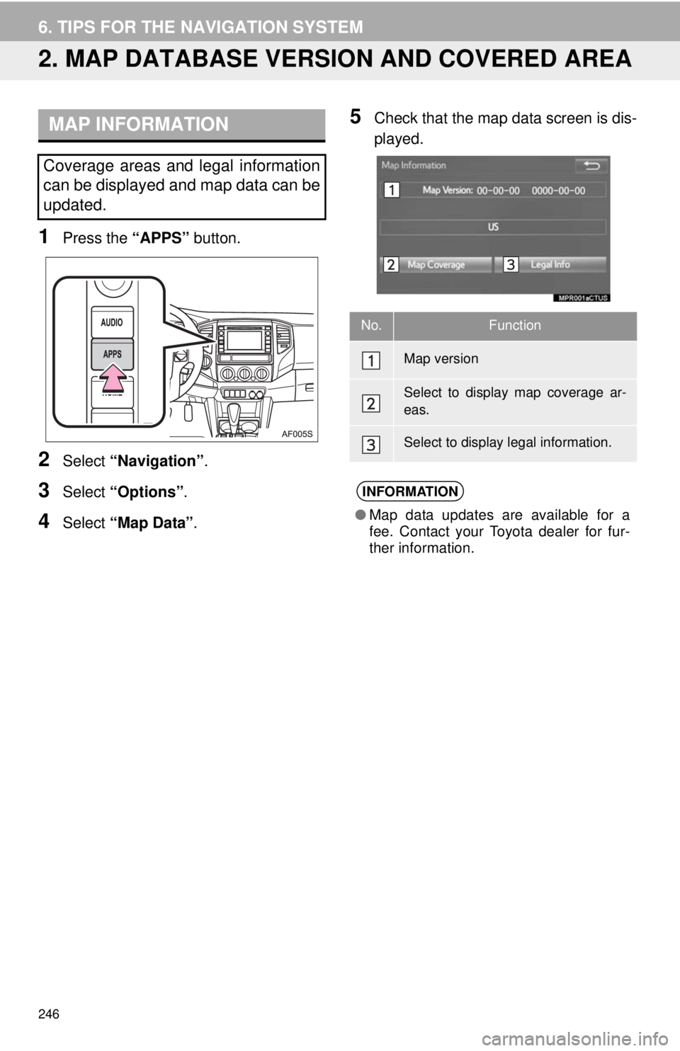TOYOTA TACOMA 2014 Accessories, Audio & Navigation (in English) 246
6. TIPS FOR THE NAVIGATION SYSTEM
2. MAP DATABASE VERSION AND COVERED AREA
1Press the “APPS” button.
2Select “Navigation”.
3Select “Options”.
4Select “Map Data”.
5Check that the ma TOYOTA TACOMA 2014 Accessories, Audio & Navigation (in English) 246
6. TIPS FOR THE NAVIGATION SYSTEM
2. MAP DATABASE VERSION AND COVERED AREA
1Press the “APPS” button.
2Select “Navigation”.
3Select “Options”.
4Select “Map Data”.
5Check that the ma