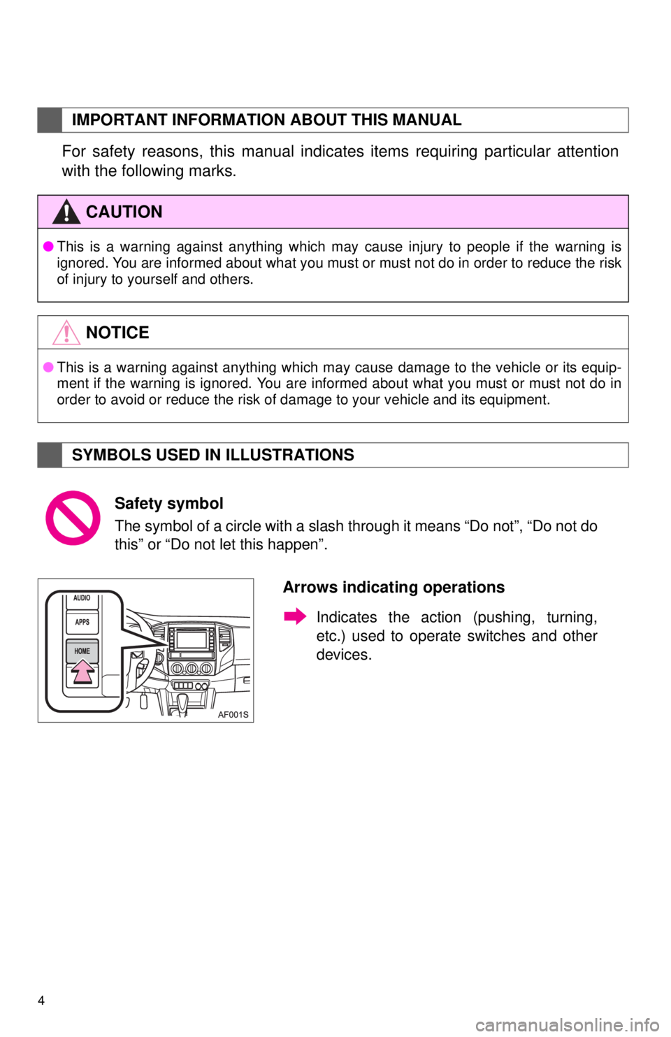 TOYOTA TACOMA 2014  Accessories, Audio & Navigation (in English) 4
For safety reasons, this manual indicates items requiring particular attention
with the following marks.
IMPORTANT INFORMATION ABOUT THIS MANUAL
CAUTION
●This is a warning against anything which m