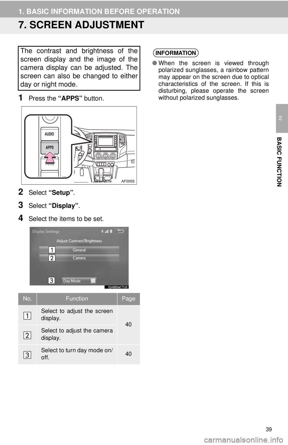TOYOTA TACOMA 2014 Accessories, Audio & Navigation (in English) 39
1. BASIC INFORMATION BEFORE OPERATION
2
BASIC FUNCTION
7. SCREEN ADJUSTMENT
1Press the “APPS” button.
2Select “Setup”.
3Select “Display”.
4Select the items to be set.
The contrast and b TOYOTA TACOMA 2014 Accessories, Audio & Navigation (in English) 39
1. BASIC INFORMATION BEFORE OPERATION
2
BASIC FUNCTION
7. SCREEN ADJUSTMENT
1Press the “APPS” button.
2Select “Setup”.
3Select “Display”.
4Select the items to be set.
The contrast and b