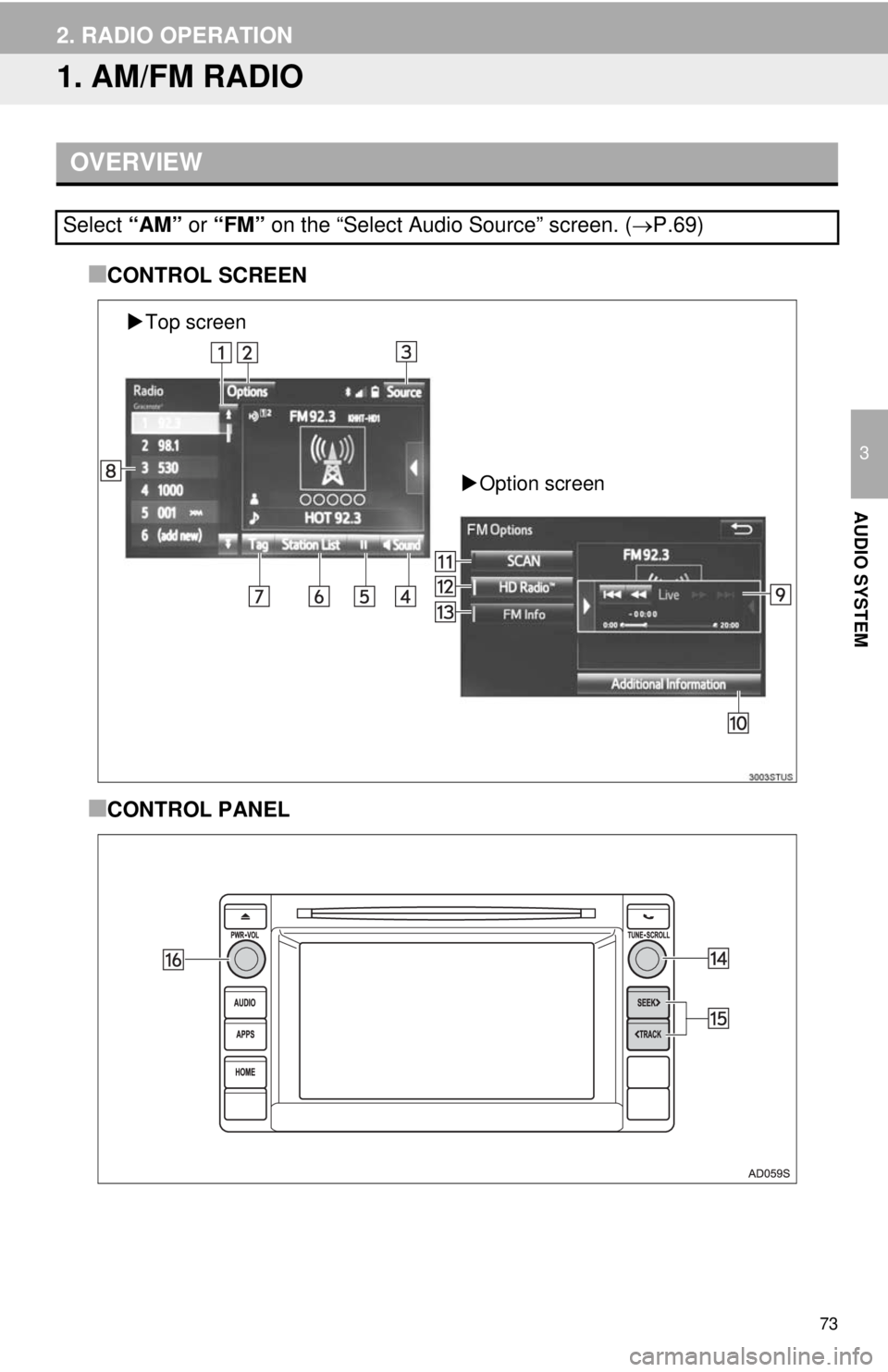 TOYOTA TACOMA 2014 Accessories, Audio & Navigation (in English) 73
3
AUDIO SYSTEM
2. RADIO OPERATION
1. AM/FM RADIO
■CONTROL SCREEN
■CONTROL PANEL
OVERVIEW
Select “AM” or “FM” on the “Select Audio Source” screen. (P.69)
Top screen
Option s TOYOTA TACOMA 2014 Accessories, Audio & Navigation (in English) 73
3
AUDIO SYSTEM
2. RADIO OPERATION
1. AM/FM RADIO
■CONTROL SCREEN
■CONTROL PANEL
OVERVIEW
Select “AM” or “FM” on the “Select Audio Source” screen. (P.69)
Top screen
Option s