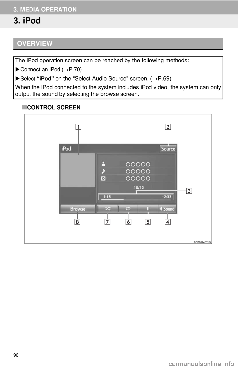 TOYOTA TACOMA 2014  Accessories, Audio & Navigation (in English) 96
3. MEDIA OPERATION
3. iPod
■CONTROL SCREEN
OVERVIEW
The iPod operation screen can be reached by the following methods: 
Connect an iPod (P.70)
Select “iPod” 
on the “Select Audio S