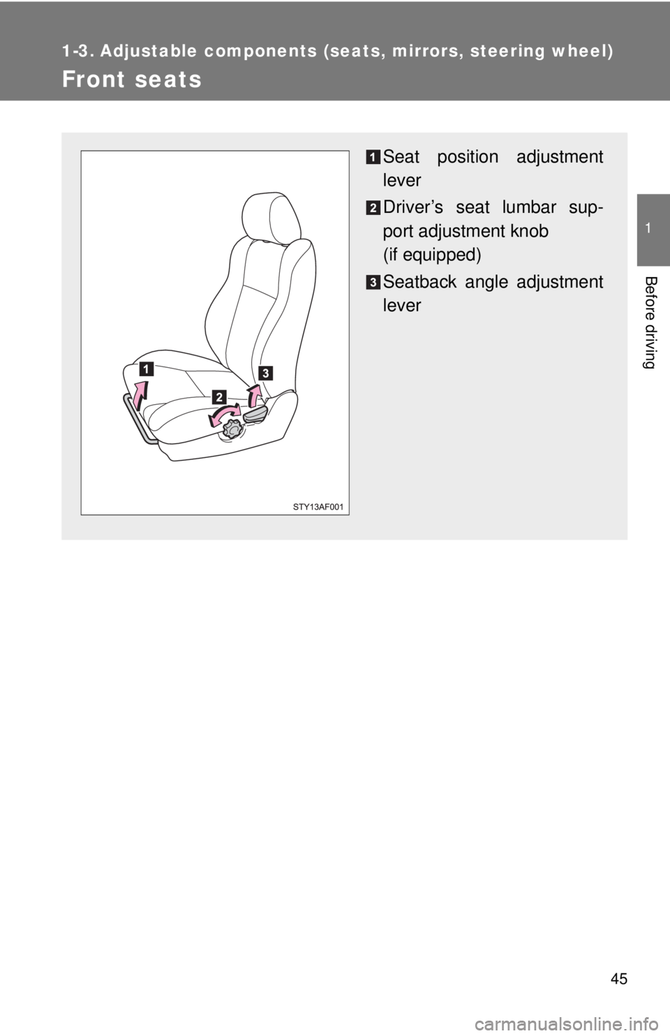 TOYOTA TACOMA 2015  Owners Manual (in English) 45
1
Before driving
1-3. Adjustable components (seats, mirrors, steering wheel)
Front seats
Seat position adjustment
lever
Driver’s seat lumbar sup-
port adjustment knob
(if equipped)
Seatback angle