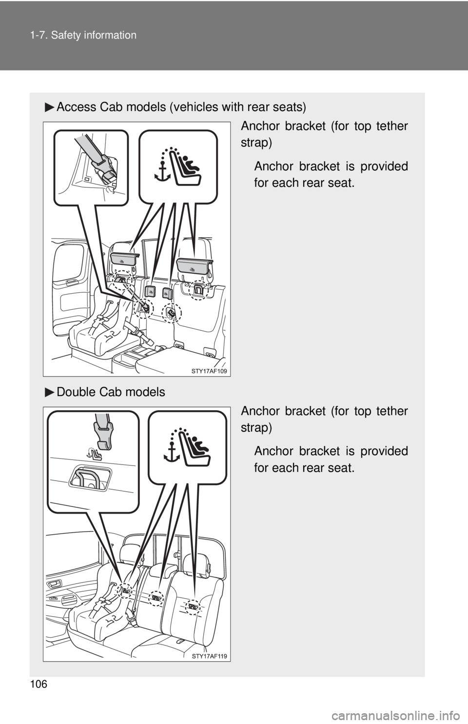 TOYOTA TACOMA 2015 Owners Manual (in English) 106 1-7. Safety information
Access Cab models (vehicles with rear seats)Anchor bracket (for top tether
strap)
Anchor bracket is provided
for each rear seat.
Double Cab models Anchor bracket (for top t TOYOTA TACOMA 2015 Owners Manual (in English) 106 1-7. Safety information
Access Cab models (vehicles with rear seats)Anchor bracket (for top tether
strap)
Anchor bracket is provided
for each rear seat.
Double Cab models Anchor bracket (for top t