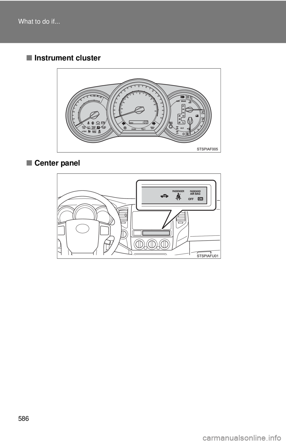 TOYOTA TACOMA 2015 Owners Manual (in English) 586 What to do if...
■Instrument cluster
■ Center panel TOYOTA TACOMA 2015 Owners Manual (in English) 586 What to do if...
■Instrument cluster
■ Center panel