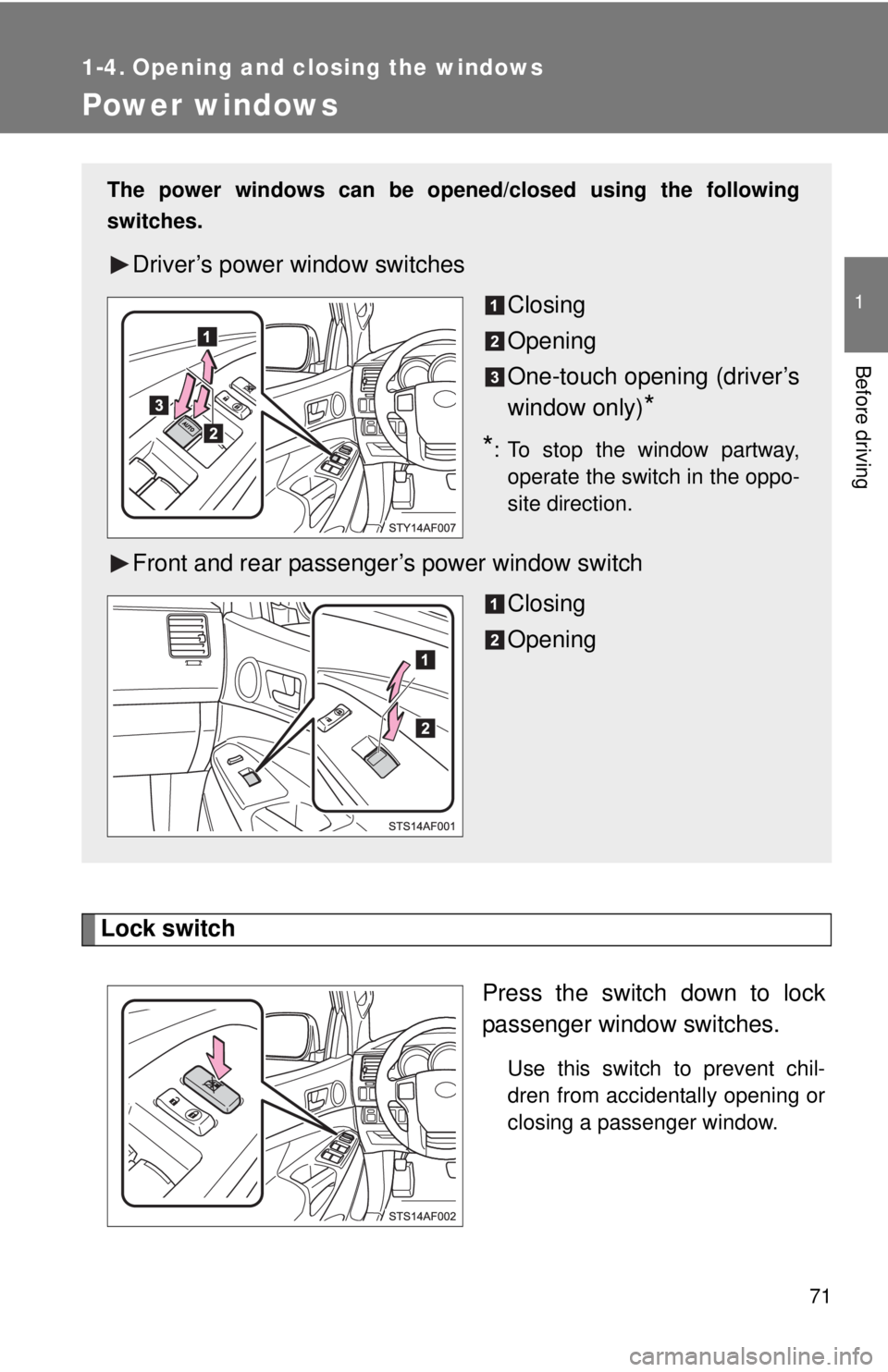 TOYOTA TACOMA 2015 (in English) Manual PDF 71
1
Before driving
1-4. Opening and closing the windows
Power windows
Lock switchPress the switch down to lock
passenger window switches.
Use this switch to prevent chil-
dren from accidentally openi TOYOTA TACOMA 2015 (in English) Manual PDF 71
1
Before driving
1-4. Opening and closing the windows
Power windows
Lock switchPress the switch down to lock
passenger window switches.
Use this switch to prevent chil-
dren from accidentally openi