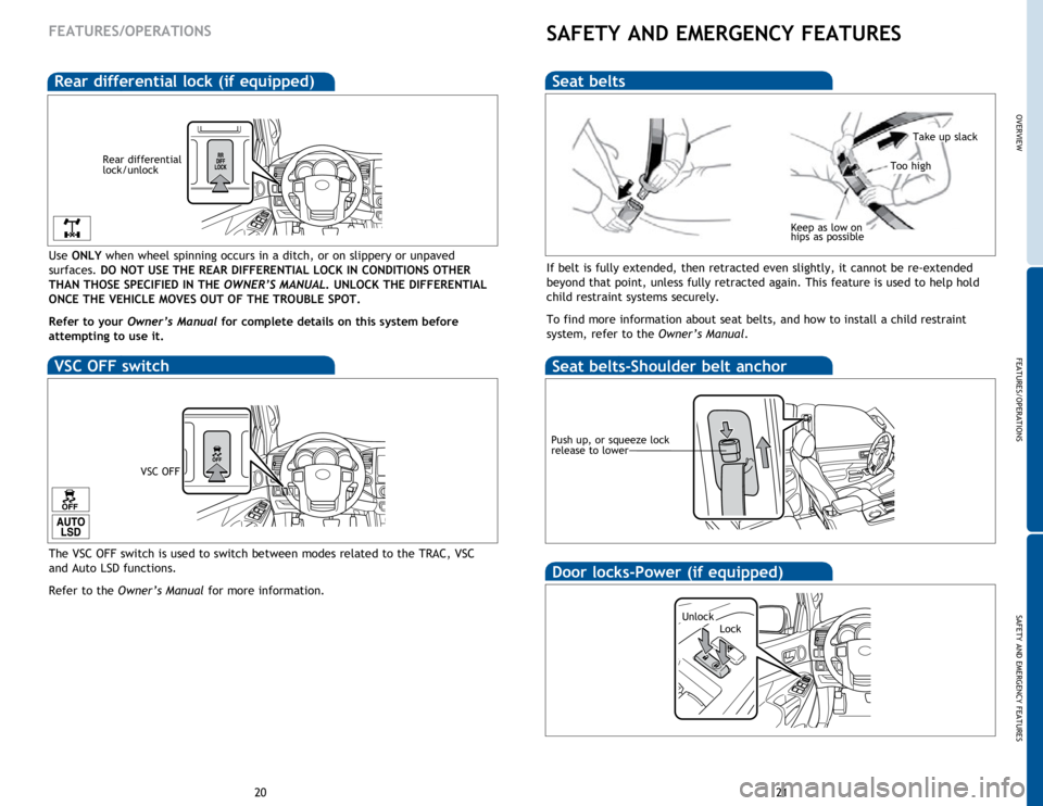 TOYOTA TACOMA 2015  Owners Manual (in English) OVERVIEW
FEATURES/OPERATIONS
SAFETY AND EMERGENCY FEATURES
21
20
FEATURES/OPERATIONSSAFETY AND EMERGENCY FEATURES
If belt is fully extended, then retracted even slightly, it cannot be re-extended 
bey