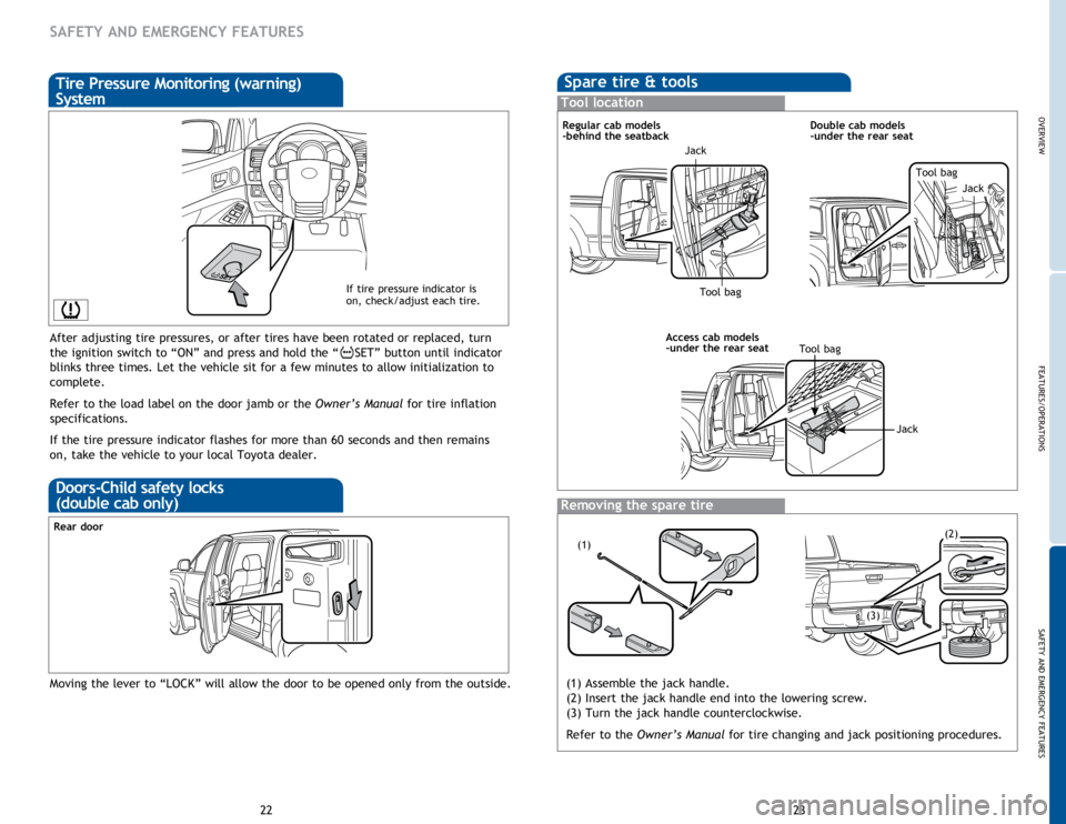 TOYOTA TACOMA 2015  Owners Manual (in English) OVERVIEW
FEATURES/OPERATIONS
SAFETY AND EMERGENCY FEATURES
23
22
After adjusting tire pressures, or after tires have been rotated or replaced, turn 
the ignition switch to “ON” and press and hold 